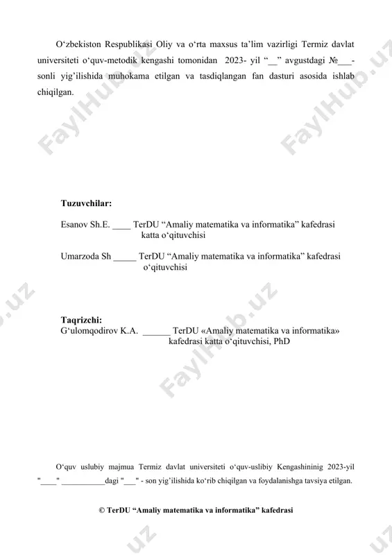 r, for each) operatorlari 7. amaliy sikl (while, do while ) operatorlari 8. amaliy massivlar 9. amaliy metod(usul) 10. amaliy satrlar bilan ishlash. string toifasi 11. amaliy sodda klasslarga doir misollar tajriba mashg’ulot 1. tajriba kompyuterga jdk va intellij idea community edition 2020 dasturlarini o‘rnatish 2. tajriba java dasturlash tilida ishlovchi mihitda dastur tuzish 3. tajriba mantiqiy operatorlar va ular ustida amallar 4. tajriba shart ( if, if else, if else if, ?: ) operatorlari 5. tajriba tanlash ( switch) operatori 6. tajriba sikl ( for, for each) operatorlari 7. tajriba sikl (while, do while ) operatorlari 8. tajriba massivlar 9. tajriba metod(usul) 10. tajriba satrlar bilan ishlash. string toifasi 11. tajriba sodda klasslarga doir misollar 12. tajriba metodli klasslarga doir misollar 13. mustaqil ta’lim mashg’ulotlari 14. fan dasturi 15. ishchi fan dasturi 16. tarqatma materiallar 17. testlar 18. baholash mezonlari 1-ma’ruza: java dasturlash tilining yaratilish tarixi va uning imkoniyatlari …