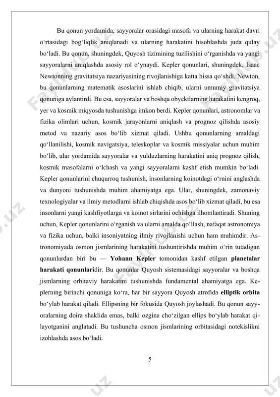 a muhim ahamiyatga ega bo’lib, ular sayyoralar va boshqa kosmik obyektlarning harakatlarini aniq tushunish va oldindan aytib berish imkoniyatini yaratadi. bu qonunlar, ayniqsa, kosmik navigatsiya, teleskoplar va kosmik missiyalar uchun asosiy ilmiy va texnologik poydevor bo’lib xizmat qiladi. birinchi navbatda, kepler qonunlarining amaliy qo’llanilishi kosmik navigatsiya sohasida sezilarli o’rin tutadi. kosmik apparatlarning aniq va ishonchli yo’nalishni belgilash uchun sayyoralar va yulduzlarning harakatini hisoblash zarur bo’ladi. masalan, kosmik kemalar quyosh tizimida yoki undan tashqarida harakatlanayotganda, ular uchun manzil va yo’nalishni aniqlashda kepler qonunlari yordamida sayyoralar orbitasi va harakat tezligini hisoblash muhim rol o’ynaydi. bu esa, kosmik sayohatlarni xavfsiz va samarali qilish imkonini beradi, shuningdek, uzoq masofalarga qilingan missiyalar uchun aniq ma’lumotlarni taqdim etadi. teleskoplar va astronomik o’lchovlar sohasida ham kepler qonunlari muhim ahamiyatga ega. keplerning birinchi qonuni, ya’ni sayyoralar elliptik orbitada harakatlanishini hisobga olgan holda, astronomlar yulduzlar va galaktikalar harakatini kuzatishda aniq prognozlar qilishadi. bu qonunlar yordamida, masalan, kosmik teleskoplar yordamida …
