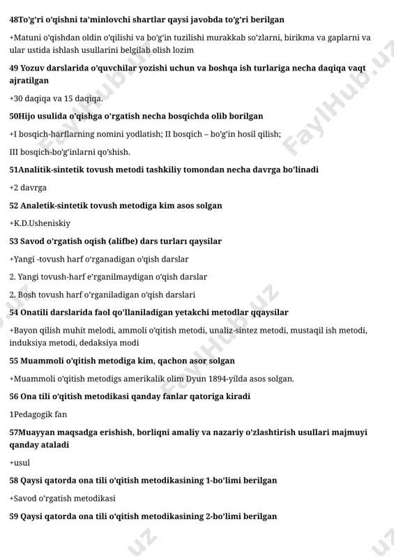 da “ustodi avval” 66 dastlabki tovush metodi talabiga muvofiq keladigan “alifbe “nung muallifi kim +saidrasul saidazizov 67savod o’rgatish davridagi bilim berishning asosini toping +tovush 68savod o’rgatish davrida yangi tovushni ajratib olish metodining to’g’risini aniqlang +analiz metodi 69bolalarning savod o’rgatishga tayyorgarligini o’rganishda qaysi ko’nikmalarini o’rganish kerak +o’qish ko’nikmasi, yozuv ko’nikmasi, tovushni tahlil qilishga tayyorgarligi, og’zaki bog’lanishli nutqi. 70ta’limning predmetiga ko’ra savod o’rgatish darslari to’g’ri ko’rsatilgan javobni aniqlang. +a)“alifbe” darsligi asosidagi o’qish darslari; b)“yoruv daftari asosidagi yozuv darslari. 71 ta’limning davri va bosqichiga ko’ra savod o’rgatish jarayonidagi darslar to’g’ri ko’rsatilgan javobni aniqlang. +a)alifbogacha bo’lgan davrdagi darslar, b)alifboni o’rganish jarayonidagi darslar 72 to’g’ri o’qishga o’rgatishda qo’llaniladigan usul berilgan javobni belgilang +so’z ma’nolarini tushuntirish 73 xato o’qishning kelib chiqish sabablari qaysi javobda berilgan? +tez o’qiyman deb va so’z ma’nosini tushunmaslik sababli xato o’qiydilar 74ongli o’qishni ta’minlovchi metodik shartlarni aniqlang +ongli o’qish o’quvchining hayotiy tajribasiga, so’zning leksik ma’nosini, gapda so’zlarning bog’lanishini tushunishga bog’liq 75 yangi …