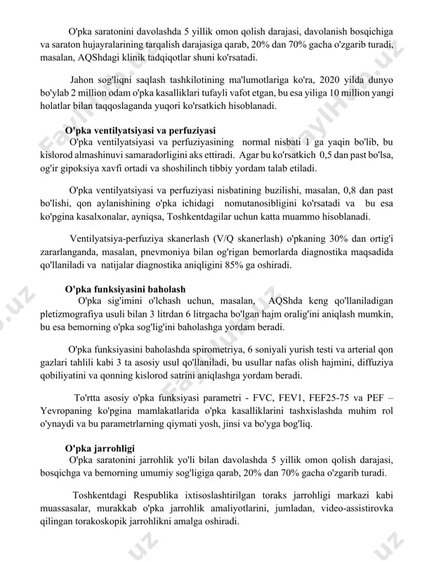 ra, 2020 yilda dunyo bo'ylab 2 million odam o'pka kasalliklari tufayli vafot etgan, bu esa yiliga 10 million yangi holatlar bilan taqqoslaganda yuqori ko'rsatkich hisoblanadi. o'pka ventilyatsiyasi va perfuziyasi o'pka ventilyatsiyasi va perfuziyasining normal nisbati 1 ga yaqin bo'lib, bu kislorod almashinuvi samaradorligini aks ettiradi. agar bu ko'rsatkich 0,5 dan past bo'lsa, og'ir gipoksiya xavfi ortadi va shoshilinch tibbiy yordam talab etiladi. o'pka ventilyatsiyasi va perfuziyasi nisbatining buzilishi, masalan, 0,8 dan past bo'lishi, qon aylanishining o'pka ichidagi nomutanosibligini ko'rsatadi va bu esa ko'pgina kasalxonalar, ayniqsa, toshkentdagilar uchun katta muammo hisoblanadi. ventilyatsiya-perfuziya skanerlash (v/q skanerlash) o'pkaning 30% dan ortig'i zararlanganda, masalan, pnevmoniya bilan og'rigan bemorlarda diagnostika maqsadida qo'llaniladi va natijalar diagnostika aniqligini 85% ga oshiradi. o'pka funksiyasini baholash o'pka sig'imini o'lchash uchun, masalan, aqshda keng qo'llaniladigan pletizmografiya usuli bilan 3 litrdan 6 litrgacha bo'lgan hajm oralig'ini aniqlash mumkin, bu esa bemorning o'pka sog'lig'ini baholashga yordam beradi. o'pka funksiyasini baholashda spirometriya, 6 …