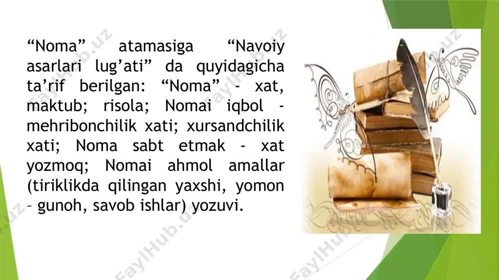 himoya qildi. bulardan tashqari, n.mallayevning „o‘zbek adabiyoti tarixi“da va boshqa manbalarda shoir haqida maʼlumot beriladi. xorazmiy asardagi nomalar sonining oʻndan iborat bo‘lishini qayd etadi hamda „muhabbatnoma“ning 2-bobi (nomasi)ni forsiy tilda yozishini taʼkidlaydi. asarning uyg‘ur yozuvidagi nusxasida o‘n birinchi noma mavjud emas. asarning arab yozuvidagi qo‘lyozmasiga tayangan adabiyotshunos n.mallayev „muhabbatnoma“ning o‘n bir nomadan tuzilganligini qayd etadi. darhaqiqat, „muhabbatnoma“ning chop etilgan nusxalari o‘n bir nomadan tarkib topgan va ulardan uchtasi 4-, 8- hamda 11-nomalari fors-tojik, qolgan sakkiz maktub o‘zbek tilida. aksariyat nomalar masnaviy nomadan tashqari, g‘azal, kichik soqiynomalarni ham o‘z ichiga oladi. shuningdek, asar xotimasida „g‘azal“, „munojot“, „qitʼa“, „xotimatul-kitob“, mustaqil mazmunga ega „hikoyat“, „iltimosin aytur“ kabi sarlavhalar ostidagi parchalar uchraydi. asar fard bilan yakun topadi. professor natan mallayev fikricha, birinchi noma tarkibida kelgan g‘azal muhammad xo‘jabek tilidan aytilgan ko‘rinad e’tiboringiz uchun rahmat! image1.jpeg image2.jpeg image3.jpeg image4.jpeg /docprops/thumbnail.jpeg