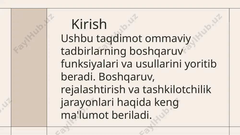 i yig'ish va tahlil qilish orqali, tashkilotchilar o'zlarini yaxshilash va kelgusi tadbirlar uchun zaruriy o'zgarishlar kiritadilar. texnologiyalar va innovatsiyalar zamonaviy texnologiyalar va innovatsiyalar tadbirlarni boshqarishda yordam beradi. mobil ilovalar, onlayn platformalar va kommunikatsiya vositalari jarayonlarni soddalashtirib, samarali ishlashni ta'minlaydi. texnologiyalar va innovatsiyalar zamonaviy texnologiyalar va innovatsiyalar tadbirlarni boshqarishda yordam beradi. mobil ilovalar, onlayn platformalar va kommunikatsiya vositalari jarayonlarni soddalashtirib, samarali ishlashni ta'minlaydi. texnologiyalar va innovatsiyalar zamonaviy texnologiyalar va innovatsiyalar tadbirlarni boshqarishda yordam beradi. mobil ilovalar, onlayn platformalar va kommunikatsiya vositalari jarayonlarni soddalashtirib, samarali ishlashni ta'minlaydi. 17 xulosa ommaviy tadbirlarni boshqarish funksiyalari va usullari jarayonining muvaffaqiyati yaxshi rejalashtirish, tashkil etish va nazorat etish bilan bog'liq. bu jarayonda innovatsion yondashuvlarning ahamiyati katta. xulosa ommaviy tadbirlarni boshqarish funksiyalari va usullari jarayonining muvaffaqiyati yaxshi rejalashtirish, tashkil etish va nazorat etish bilan bog'liq. bu jarayonda innovatsion yondashuvlarning ahamiyati katta. xulosa ommaviy tadbirlarni boshqarish funksiyalari va usullari jarayonining muvaffaqiyati yaxshi rejalashtirish, tashkil etish va nazorat etish …