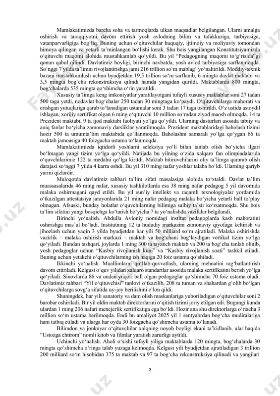 ‘proq taklif etib, barcha maktablarda sifatni oshirish zarur. yangi zamon kishisi, kelajagimiz bunyodkorlari maktabda tarbiyalanadi. ta’limsiz kelajak yo‘q, – dedi shavkat mirziyoyev. bu yerda dars beradigan o‘qituvchi va murabbiylarni xorijda o‘qitish, dunyodagi ilg‘or tajribalarni uyg‘unlashtirish bo‘yicha ko‘rsatmalar berildi. joriy yilning o‘tgan davrida institutda 4 ming 300 nafarga yaqin ta’lim muassasalari rahbarlari malaka oshirdi. shuningdek, 2 ming nafarga yaqin direktor va direktorlikka nomzodlar menejerlik kurslarida o‘qitildi. “uzluksiz kasbiy ta’lim” platformasi orqali darslarda 113 ming nafardan ortiq pedagoglar qatnashdi. singapur xalqaro ta’lim tashkiloti tomonidan 100 nafar maktab direktori, 200 nafar matematika va tabiiy fanlar o‘qituvchisi qayta tayyorlandi. institut tuzilmasida xalqaro tadqiqotlar markazi ham ish boshladi. umuman, mamlakatimizda maktabgacha va maktab ta’limi tashkilotlari rahbar, pedagog hamda mutaxassis kadrlarini qayta tayyorlash, malakasini oshirishning uzluksiz tizimi yo‘lga qo‘yiladi. 2025 yildan boshlab ular besh yilda bir marotaba ishdan ajralgan holda malaka oshiradi. bundan tashqari, umumiy o‘rta ta’lim muassasalarida “kasbiy rivojlanish soati” hamda “kasbiy rivojlanish kuni” joriy …