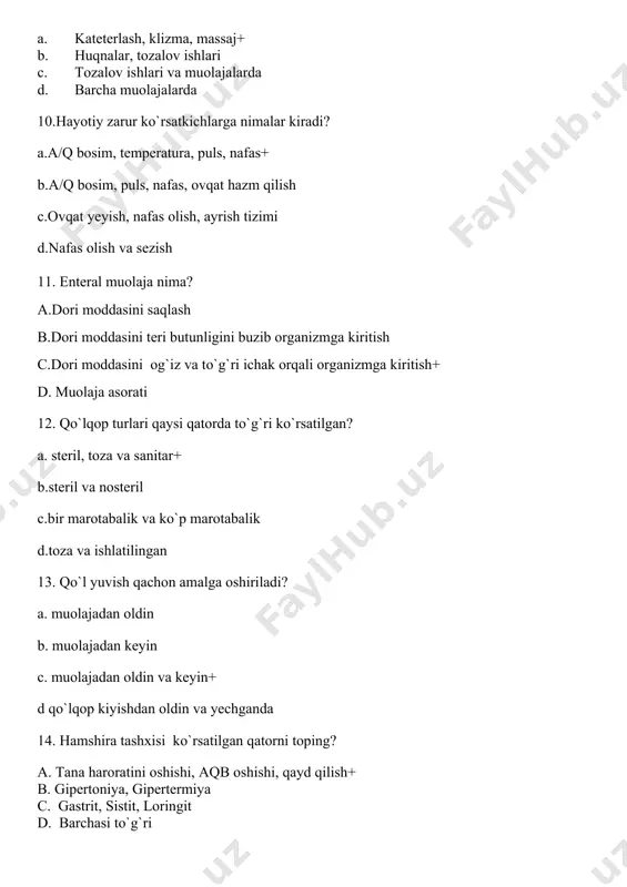 tilgan qatorni toping? a. tana haroratini oshishi, aqb oshishi, qayd qilish+ b. gipertoniya, gipertermiya c. gastrit, sistit, loringit d. barchasi to`g`ri 15. ingaliyatsiya nima? a.dori moddasini saqlash b.dori moddasini teri butunligini buzib organizmga kiritish c.dori moddasini teri butunligini buzmasdan organizmga kiritish d.dori moddasini nafas yo`li orqali kiritish+ 16. tibbiy asboblarni sterilizatsiya qilish uchun qaysi idishga solib avtoklavka quyiladi? a. tog`oracha b. sirli kostrulka c.biks+ d. chovgum 17. hamshiralik ishi necha bosqichdan iborat? a. 5 ta+ b.4 ta c.3 ta d. 6 ta 18.hamshiralik ishi asoschisi kim? a. geradot b. f.naytengeyl+ c. t. harisson d. barchasi o`z davrida 19.parenteral muolaja nima? a. dori moddasini saqlash b. dori moddasini teri butunligini buzib organizmga kiritish+ c. dori moddasini teri butunligini buzmasdan organizmga kiritish d. muolaja asorati 20.aseptika nima? a.jarohatga mikrob tushushini oldini olish+ b.jarohatga tushgan mikrobni yuq qilish c.jarohatga ishlov berish d.dezinfeksiya usullari 21. teri orasiga ineksiya qilishda igna nechchi gradus burchak ostida …
