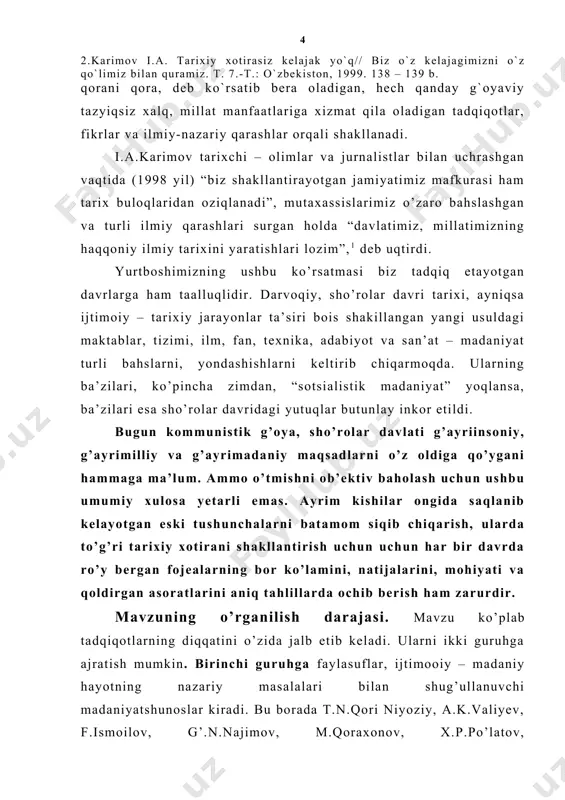 chop etilgan u.h.qoraboyevning “xalq an’anaviy ijodi: qayta tiklash va rivojlantirish muammolari” monografiyasida 30-40 yillarda “taqiqlash tartibi” avj olgani qayd etilsada xalq ijodi jumladan, badiiy havaskorlikning rivojlanishi sosan “xx asr boshlaridan oktyabr revolyutsiyasidan keyin boshlandi” deb ko’rsatiladi.3 ikkinchi guruhga mavzuni tarixiy nazardan tadqiq etgan olimlar kiradi. ularning bir guruhi 20 yillar oxiri 40 yillar boshidagi o’zbek _________________________ 1. минеев в.н. становление и развитие кулътурно – просветителъной работы среди женщин узбекистана.-т.: фан, 1990. –с 3. 2.қаранг: ўша жойда. –с.123-124. 3. карабаев у.х. традиционное народное творчество: проблемқ возротдения и развичия.- т.:фан, 1991.-с.7-8. madaniyatini umumiy ijtimoiy – tarixiy jarayonlarning tarkibiy qismi sifatida qarasa, ikkinchi guruhi esa maorif, adabiyot, savodsizlikni tugatish, milliy kino, musiqa, opera, balet, tasviriy san’at rivojlanishining xususiy yo’nalishlarini tadqiq etadilar. ushbu tadqiqotchilar qatoriga r.x.aminova, sh.sh.abdullayev, x.abdullayev, g.abduraxmanov, k.a.akilov, d.b.barakayev, m.a.gulyamova, u.x.kamolov, i.k.qodirov, r.a.karimov, v.ya.nepomnin, n.oydinov, r.g.robich, c.radjabov, r.a.rahmanov, s.s.sodiqov, i.y.tursunov, r.sharafutdinova, f.sharipov, j.xasanbayev, h.hamidov, g.i.jeltovalarni kiritish mumkin.1 ushbu olimlarning asarlari xx asrning …