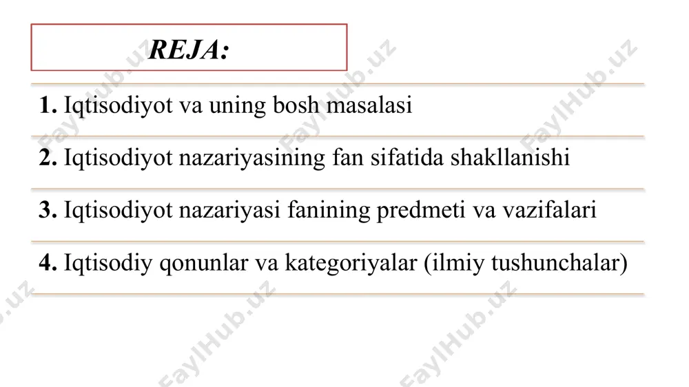 un zarur bo‘lgan hayotiy ne’matlarni yaratish jarayoni. taqsimot - ishlab chiqarish omillari va uning natijalarini iqtisodiyotning turli qism va subyektlari o‘rtasida taqsimlash jarayoni. ayirboshlash - jamiyat a’zolarining iqtisodiy faoliyat turlari yoki ishlab chiqarish natijalari bo‘yicha ma’lum bir o‘lcham (masalan, qiymat miqdori) asosida o‘zaro almashish jarayoni. iste’mol - ehtiyojlarni qondirish maqsadida mahsulot va xizmatlarning ishlatilishi, foydalanilishi jarayoni. ishlab chiqarish (unumli) iste’moli iste’mol ikki turda bo‘ladi: shaxsiy iste’mol. insonning yashashi va kamol topishi, umuman insoniyatning rivojlanishi uchun kerak bo‘lgan hayotiy vositalarga bo‘lgan zarurati iqtisodiyot nazariyasi fanida ehtiyoj deb ataladi. moddiy ehtiyojlar - bu moddiy ko‘rinishdagi ne’matlar vositasida qondiriluvchi zaruratdir. ma’naviy ehtiyojlar - bu insonning shaxs sifatida kamol topishi, dunyoqarashi va ma’naviyatining shakllanishi uchun taqozo etiladigan nomoddiy ne’mat va xizmatlarga bo‘lgan zaruratdir ehtiyojlar ob’yektga ko‘ra moddiy va ma’naviy ehtiyojlarga bo‘linadi ehtiyojlarni iste’mol qilish tavsifiga ko‘ra shaxsiy va ishlab chiqarish ehtiyojlariga ajratish mumkin shaxsiy ehtiyojlar – kishilarning pirovard iste’moli uchun mo‘ljallangan mahsulot va xizmatlarga …