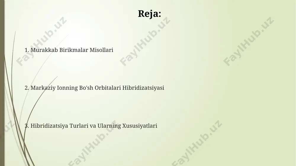 ammal mos keladi. sp³d-gibridizatsiya misoli sifatida, xef₄ (ksenon tetraflorid) molekulasini ko'rsatish mumkin, bu yerda markaziy ksenon atomi 8 ta valent elektroniga ega va sp³d² gibridizatsiyasi orqali kvadrat tekis planer geometriyani hosil qiladi. molekulyar geometriya va gibridizatsiya koordinatsion birikmalarda, masalan, [fe(cn)₆]³⁻ kompleksi 6 ta cn⁻ ligandi bilan fe³⁺ ionining d orbitalari sp³d² gibridizatsiyasini hosil qilib, oktaedrik geometriyani beradi. bu, 1950 yillarda linusing tomonidan isbotlangan. bf₃ molekulasida, bor atomining 2s va 2p orbitalari gibridizatsiyasi natijasida 3 ta sp² gibrid orbital hosil bo'lib, tekis uchburchak geometriyasini hosil qiladi, bu esa 120° burchakni beradi. markaziy ionning bo'sh orbitalarining gibridizatsiyasi natijasida hosil bo'ladigan molekulaning geometriyasi, masalan, metan (ch₄) molekulasida, 4 ta sp³ gibrid orbital hosil bo'lib, tetraedrik geometriyaga ega bo'ladi. sp-gibridizatsiya sp-gibridizatsiyada, masalan, berilliy xlorid (becl₂ ) molekulasida berilliy atomining 2 ta valent elektroni 2s va 2p orbital lari bilan gibridlanib, ikkita sp-gibrid orbital hosil qiladi, bu esa 180° burchak ostida joylashgan ikkita be-cl bog'ini …