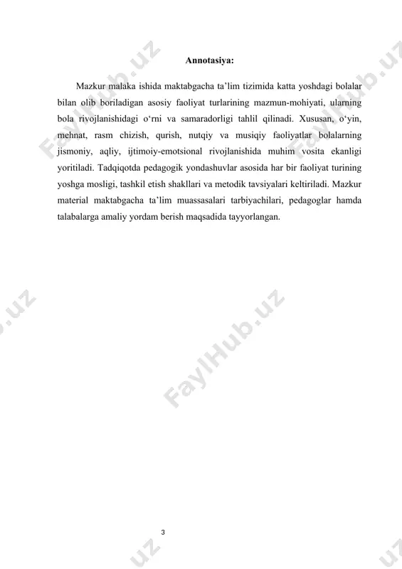 siy vositasi hisoblanadi. faoliyatlar bolani o‘rganishga undaydi, uni faollikka, mustaqillikka va ijtimoiylashuvga tayyorlaydi. kichik guruhdagi bolalarning yosh xususiyatlari ularning faoliyatlarini tashkil etishda alohida yondashuvni talab qiladi. ularning e'tibor doirasi qisqa, harakati beqaror, hissiy reaktsiyalari kuchli va tez-tez o‘zgaruvchan bo‘ladi. shuning uchun barcha faoliyat turlari qisqa vaqtli, qiziqarli, ko‘rgazmali vositalar bilan boyitilgan bo‘lishi kerak. har bir faoliyat turi bolaning shaxsiy rivojlanishiga ta'sir ko‘rsatadi, uning emotsional, ijtimoiy va intellektual rivojlanishiga xizmat qiladi. o‘yin faoliyati kichik yoshdagi bolalar uchun asosiy va tabiiy faoliyat turidir. o‘yin orqali bola atrof-muhitni o‘rganadi, rollarga kiradi, voqelikni modellashtiradi, tengdoshlari bilan munosabat o‘rnatadi. rolli o‘yinlar, qurish o‘yinlari, harakatli o‘yinlar bolalarning tafakkurini, fantaziyasini, muvofiqlashtirish qobiliyatini rivojlantiradi. o‘yinlar orqali bola ijtimoiy rollarni o‘zlashtiradi, o‘z his-tuyg‘ularini ifodalaydi va o‘zini erkin tutishga o‘rganadi. mehnat faoliyati kichik yoshdagi bolalarda mehnatga bo‘lgan dastlabki munosabatni shakllantiradi. bolalar kichik mehnat topshiriqlarini bajarish orqali tartib, tozalik, mas'uliyat kabi tushunchalarni anglaydilar. masalan, o‘yinchoqlarni yig‘ishtirish, o‘simliklarga suv quyish, hayvonlarga g‘amxo‘rlik …