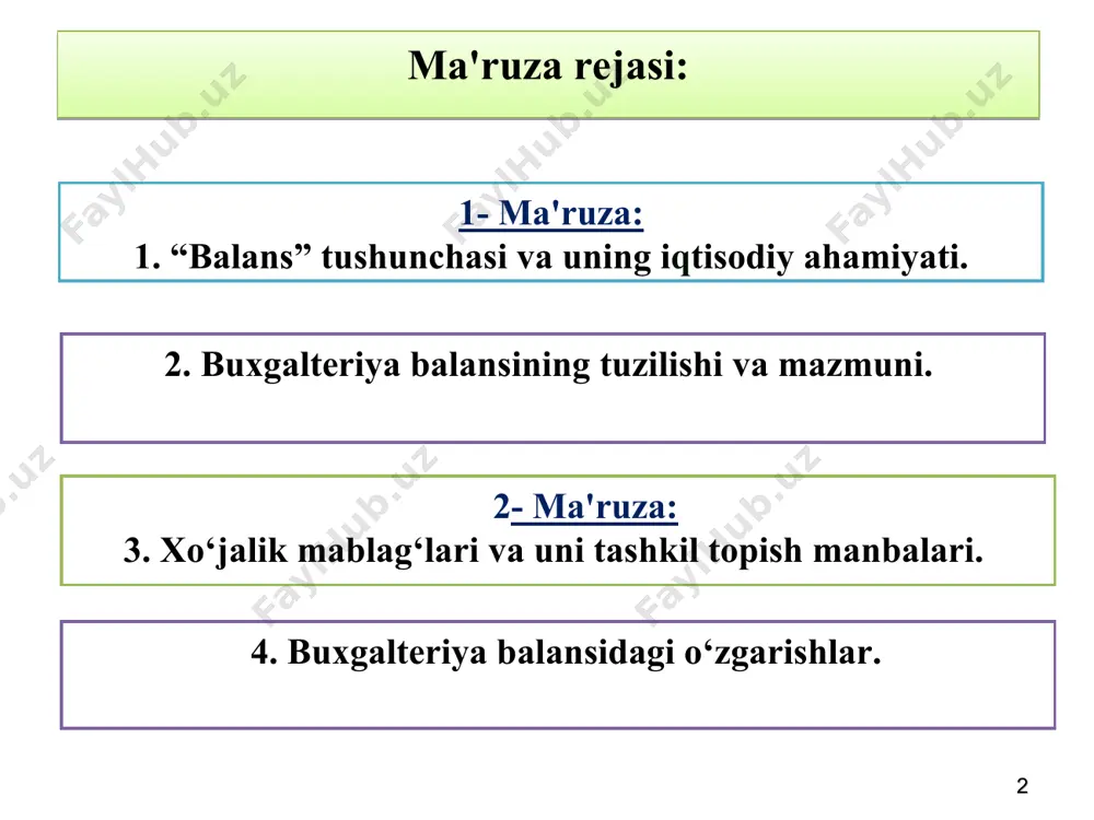 blag‘lar guruhlanishini tushunish kerak. «passiv» atamasi lotincha - faolsiz, xolis, betaraf turmoq, tushuntirish kabi so‘zlarnin qarzga olingan mablag‘larga nisbatang ildizidan olingan. tarixan bu atama dastlab faqat, ya'ni uchinchi shaxslar oldidagi majburiyatlarga nisbatan qo‘llanilgan. buxgalteriya balansining tuzilishi va mazmuni balans balans passivi (tashkil topish manbalari) balans aktivi (xo‘jalik mablag‘lari) joriy xususiy kapital uzoq muddatli majburiyatlar * 2. buxgalteriya balansining tuzilishi va mazmuni aktivlar passivlar uzoq muddatli aktivlar o‘z mablag‘larining manbalari asosiy vositalar nomoddiy aktivlar qimmatli qog‘ozlar kapital qo‘yilmalar ustav kapitali qo‘shilgan kapital rezerv kapitali taqsimlanmagan foyda joriy aktivlar majburiyatlar materiallar ishlab chiqarish pul mablag‘lari debitorlik qarzlar balans mol yetkazib beruvchilar mehnat haqi bo‘yicha hisoblashishlar kreditorlik qarzlar balans * 2. buxgalteriya balansining tuzilishi va mazmuni buxgalteriya balansi elementlari aktivlar kapital majburiyat sub'ekt nazorat qiladigan, kelgusida ulardan daromad olish maqsadida avvalgi faoliyat natijasida olingan iqtisodiy resurslardir. sub'ektnig majburiyatlarini chegirib tashlagandan keyingi aktivlaridir. qarzdorning boshqa shaxs (kreditor) foydasiga muayyan ishni amalga oshirish, masalan mol-mulkni …