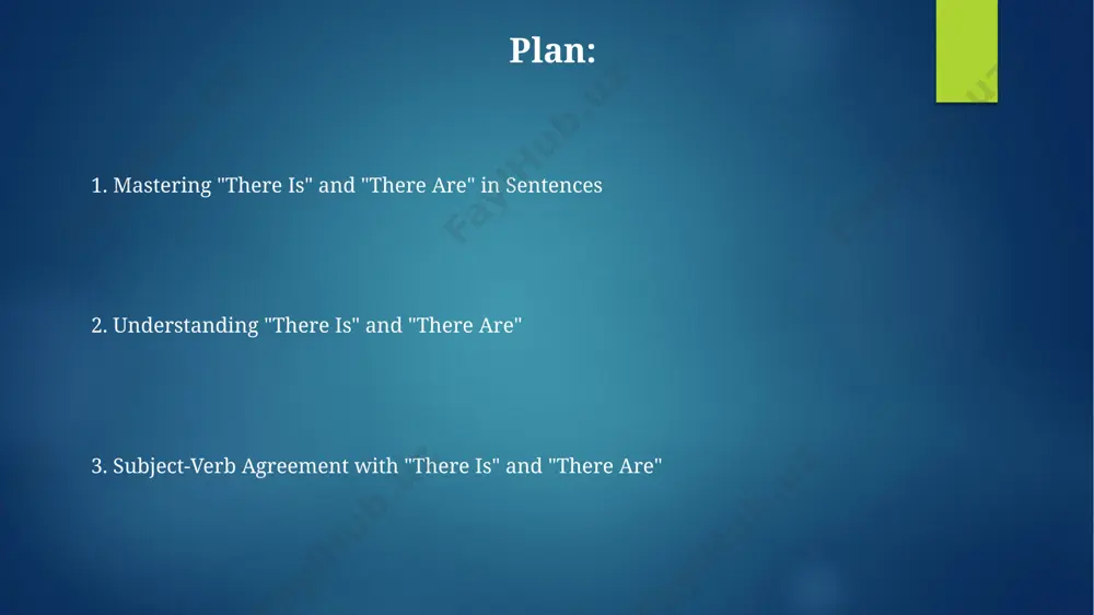 ular nouns; "there are" with plural nouns. for example, "there is one apple on the table in london," versus "there are 200 oranges in the crates in florida common mistakes and how to avoid them many mistakenly use "there is" with plural countable nouns like "books" in sentences such as "there is three books on the table," in london. the correct form is "there are three books on the table," remembering subject-verb agreement. a common error involves collective nouns; "there is" might be used with a collective noun referring to 5 individuals in new york, like "there is the team celebrating," while "there are 5 players celebrating" is grammatically correct. thank you for your attention @taqdimot_robot image6.jpg image7.jpg image8.jpg image9.jpg image10.jpg image2.png image3.png image4.png image5.png