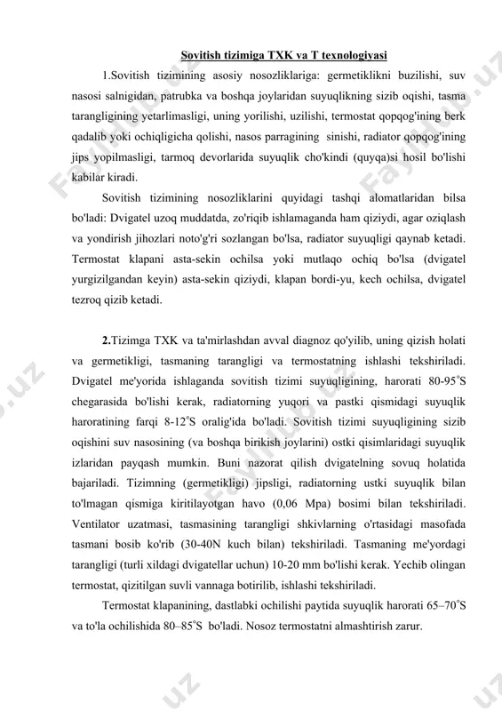 ( ventilator uzatmasi, tasmasining tarangligi shkivlarning o'rtasidagi masofada tasmani bosib ko'rib (30-40n kuch bilan) tekshiriladi. tasmaning me'yordagi tarangligi (turli xildagi dvigatellar uchun) 10-20 mm bo'lishi kerak. yechib olingan termostat, qizitilgan suvli vannaga botirilib, ishlashi tekshiriladi. termostat klapanining, dastlabki ochilishi paytida suyuqlik harorati 65–70(s va to'la ochilishida 80–85(s bo'ladi. nosoz termostatni almashtirish zarur. sovutish tizimi bo'yicha sozlash ishlari, ventelyator tasmasini me'yorigacha tortish, shlangalar birikkan joylarini qotirish, kerak bo'lsa, suv nasosi salnigini o'zgartirish va tizimni nakipdan tozalashdan iborat. tizim 0.02-0.03 mpa bosim ostida suv yoki aralashma yordamida yuviladi. tizimning yuvish yo'nalishi, sovitish jarayoniga qarama-qarshi yo'nalishda amalga oshiriladi. hakip issiqlik almashtirish jarayonini yomonlashtiradi. ilmiy izlanishlar shuni ko'rsatadiki, 1 mm nakip sovutish intensivligini 25%ga, quvvatni 6%ga kamayishiga va yoqilg'i sarfini 5%ga oshishiga olib keladi. hakip ximiyaviy aralashmalar yordamida yuviladi. sovutish tizimini sulfat kislotasining yumshatgichlari va ko'pik tindirgichlar aralashmasida yuvish yuqori samara beradi. aralashma tizimga to'ldirilib 10-15 minut dvigatel ishlatiladi va 60(s haroratda to'kiladi, keyin …