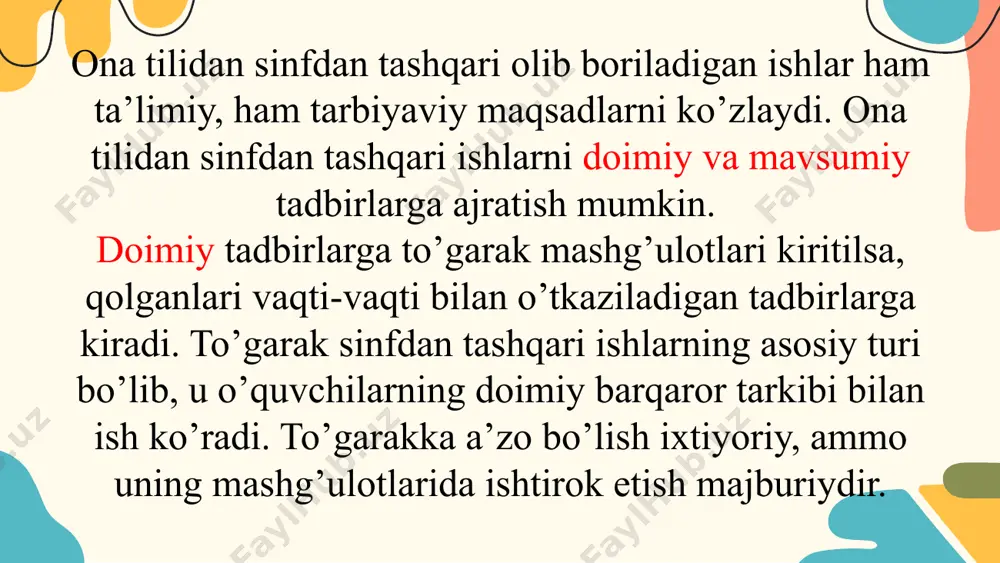 lol, milliy qadriyatlar haqidagi tasavvurlar- tushunchalari kengaytiriladi, boyitiladi. sinfdan tashqari oʻqish va qiroatxonlik saboqlari 1-sinfda haftada 1 marta saboq o’rgatish darslarining 20 daqiqasida bolalar badiiy adabiyoti bilan tanishtiriladi. maqsad kichik yoshdagi bolalarda kitobga mehr uyg’otish, mustaqil uquvlarini paydo qilishdir. asosan bu sinf oʻquvchilariga kitob bilan muomala qilish, kitob oʻqish qoidalari, kitobni asrash, asar qahramonlarining hatti harakatini kuzatish, ijobiy tomonlarini oʻrganish, obrazli qilib qayta hikoya qilib berish bilim, ko’nikma va malakalar shakllantiriladi. bu sinf o’quvchilari uchun asosan rasmlarga boy kitoblar olinadi. oʻqituvchi bolalarning his-tuyg’ularini oʻstiradigan kitoblarni o’qib berish orqali mustaqil mamlakatimiz, uning goʻzal shaharlari, qishloqlari, milliy urf-odatlari, qadriyatlari, oʻtmishi, insonlarning orzu-istaklari bilan tanishtiriladi. ularda bilimga havas uygʻotadi 2-sinfda oʻquvchilar kichik hajmdagi asarlarni oʻqituvchining yordami va topshirigʻi asosida mustaqil oʻqishga o’tadilar. bu sinfda 2 haftada bir marta sinfdan tashqari o’qish darsi oʻtkaziladi. ona – vatan va ota-bobolar jasorati, oʻsimliklar, qushlar hamda hayvonlar haqidagi asarlarni oʻqituvchi topib, tanlab oʻquvchilarga oʻqishga tavsiya etadi. 3 …
