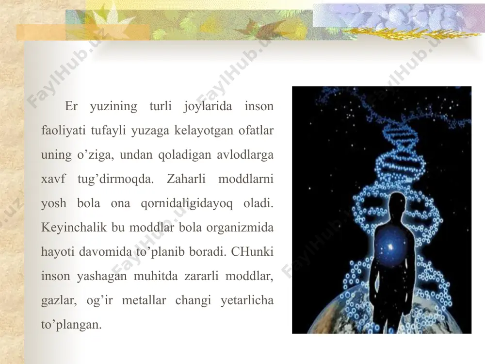 nlarni kuydirgan, dehqonchilik uchun o’rmonlarni kesib, o’tloqzorlarni buzib, tabiat turg’unligini, tirik jonzotlar barqarorligini yo’qotdi, turlar sonini kamaytirdi. agar o’tgan asrda yiliga tabiatdan bittadan tur yo’qolgan bo’lsa, keyingi 50-60 yil ichida 76 dan ortiq turlar yo’qolib ketgan, 600 ga yaqin turlar esa yo’qolish arafasida. bunga asosiy sabab – turlarning yashash joyi buzilishi, qisqarish, ovlash, zaharlanish va boshqalar. cho’l va dasht zonalari ekosistemalari ham inson faoliyatidan chetda qolmadi. masalan, qizilqumda olib borilgan qidiruv ishlarida o’simliklar payhon qilinishi natijasida orolning qurigan qismidan ko’tarilayotgan tuzli qumlar atrof-muhit va 1,5-2 mln. gektardan ortiq o’tloqzorlarni sho’rlanishiga sabab bo’lmoqda. tog’, tog’ yonbag’irlari o’rmonzorlarning ayovsiz kesilishi, iqlim o’zgarishiga, o’simliklar qoplami siyraklashishiga, ularga moslashgan hayvonlar va qushlarning bu yerlardan ketib qolishiga sabab bo’ladi. insonning asosiy vazifasi – tabiatni kelajak avlodga saqlab qolish uchun tabiiy sistemalarni buzmaslik, ifloslamaslik, zaharlamaslik, tabiat bilan ongli munosabatda bo’lib, uning qonunlarini inobatga olishdan iborat. xulosa: hozirgi kunda dunyo bo’yicha ko’p miqdorda turli kimyoviy moddalar to’plangan …
