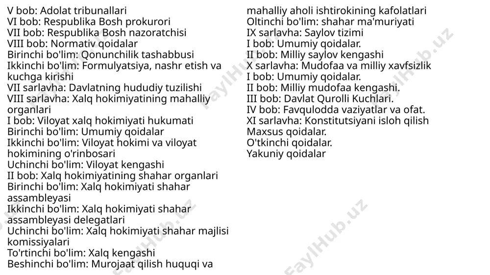 y boshqaruvi. v bob: adolat tribunallari vi bob: respublika bosh prokurori vii bob: respublika bosh nazoratchisi viii bob: normativ qoidalar birinchi bo'lim: qonunchilik tashabbusi ikkinchi bo'lim: formulyatsiya, nashr etish va kuchga kirishi vii sarlavha: davlatning hududiy tuzilishi viii sarlavha: xalq hokimiyatining mahalliy organlari i bob: viloyat xalq hokimiyati hukumati birinchi bo'lim: umumiy qoidalar ikkinchi bo'lim: viloyat hokimi va viloyat hokimining o'rinbosari uchinchi bo'lim: viloyat kengashi ii bob: xalq hokimiyatining shahar organlari birinchi bo'lim: xalq hokimiyati shahar assambleyasi ikkinchi bo'lim: xalq hokimiyati shahar assambleyasi delegatlari uchinchi bo'lim: xalq hokimiyati shahar majlisi komissiyalari to'rtinchi bo'lim: xalq kengashi beshinchi bo'lim: murojaat qilish huquqi va mahalliy aholi ishtirokining kafolatlari oltinchi bo'lim: shahar ma'muriyati ix sarlavha: saylov tizimi i bob: umumiy qoidalar. ii bob: milliy saylov kengashi x sarlavha: mudofaa va milliy xavfsizlik i bob: umumiy qoidalar. ii bob: milliy mudofaa kengashi. iii bob: davlat qurolli kuchlari. iv bob: favqulodda vaziyatlar va ofat. xi sarlavha: …