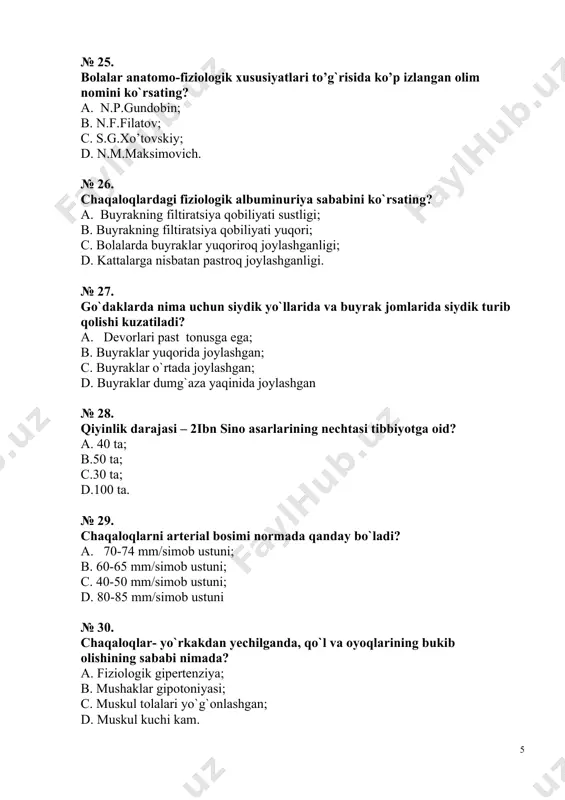 a kasalligi; d. chaqaloqlar gemolitik kasalligi. № 53. birlamchi asfiksiya qachon boshlanadi? a. ona qornidan boshlanadi b. ona qornidan tashqarida boshlanadi; c. tug’ruqdan 1 oydan keyin d. tug’ilgan zahoti boshlanadi. № 54. birlamchi asfiksiyani nechta formasi bor? a. 2 ta; b. 1 ta; c. 3 ta ; d. 5 ta. № 55. qaysi biri tug’ruq jarohatiga kirmaydi? a. asfiksiya; b. kefologemotoma; c. tug’ruq shishi; d. kalla ichi jarohati. № 56. kefalogematoma belgisini ko’rsating? a. bosh miya qattiq pardasi ostiga qon quyiladi; b. chaqoloq boshida qonli g’urra bo’ladi c. qorinchalar aro qon qo’yiladi ; d. qattiq parda va kalla suyagi ichki pardasi oralig’iga qon quyiladi. № 57. omfalit nechta formada uchraydi? a. 4 ta ; b. 3 ta ; c. 5 ta ; d. 2 ta. № 58. sepsisni chaqiruvchi mikroblar bola uchun necha kungacha o`ta havfli? a. chaqaloq tug`ilganidan keyin 15 kungacha; b.1 oygacha; c.1 yoshgacha; d.2 yoshgacha. № 59. …