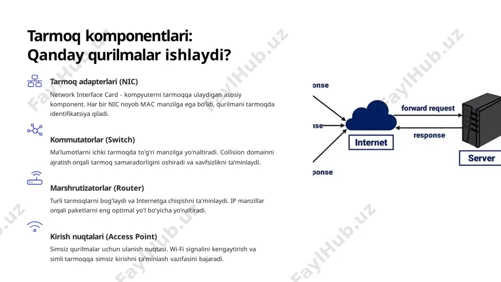 r tarmoqlarni yanada rivojlantiradi "to'g'ri arxitektura va komponentlar tanlovi tarmoqning samaradorligi, xavfsizligi va ishonchliligini ta'minlaydi. simsiz va bulutli texnologiyalar kelajakda tarmoq sohasida inqilob qiladi." asosiy xulosalar tarmoq arxitekturasini to'g'ri tanlash muhim, xavfsizlik birinchi o'rinda turishi kerak amaliy qo'llash har bir tashkilot o'z ehtiyojlariga mos tarmoq infratuzilmasini yaratishi zarur image1.jpg image2.png image3.png image4.png image5.png image6.png image7.jpg image8.png image9.png image10.png image11.jpg image12.png image13.jpg image14.png image15.png image16.png