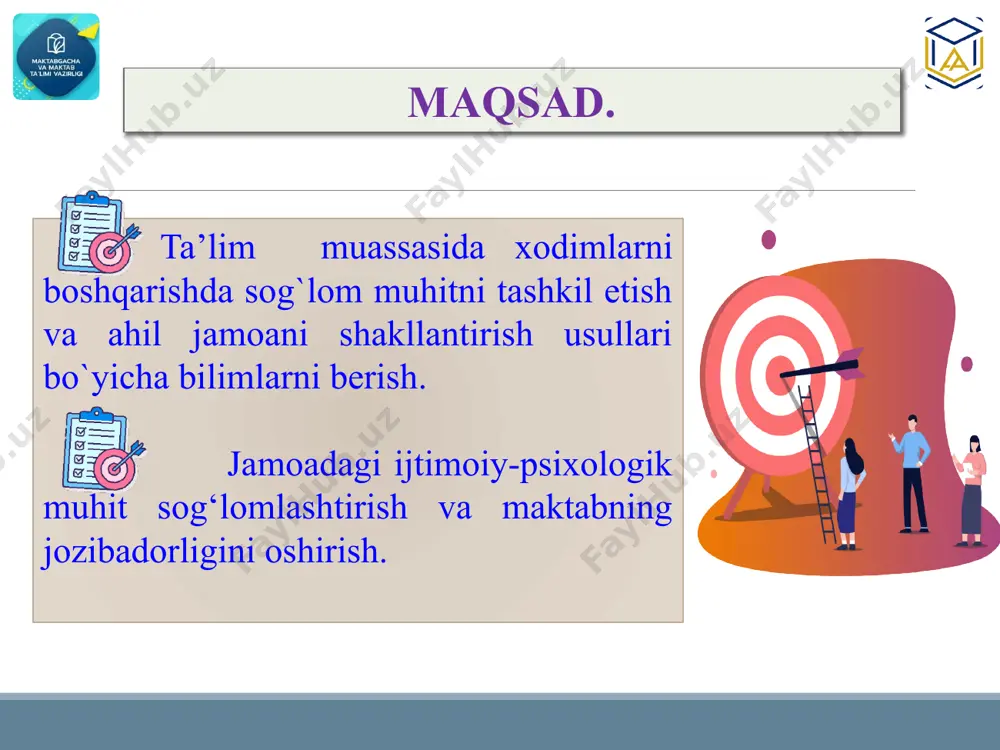 ar muddati natija 2 jamoada nosog‘lom muhitning belgilari boshqalarga nisbatan shubhali va ishonchsiz munosabatda bo‘lmaslik. maktab rahbariyati, mmibd o‘rinbosarlari va maktab psixologlari,hamda o‘qituvchilar doimiy nosog‘lom muhitning belgilari bartaraf etishda jamoa a'zolari o‘rtasida ochiq muloqot, ishonch va hurmatni rivojlantiradi. . raqobatchi to‘g‘irisida mish-mishlar tarqatmaslik. maktab rahbariyati va metodbirlashma raislari doimiy ochiq va ishonchli muloqotni yo‘lga qo‘yish. direktor, o‘ibdo‘, kuk raisi, psixolog doimiy chora-tadbir namunasi t/r muammo amalga oshirish mexanizmi mas’ullar muddati natija 3 maktabni ota-onalar uchun jozibador qilish. kuchli o‘quv dastur yaratish direktor, o‘ibdo‘ avgust kuchli o‘quv dastur yuqori sifatli ta’limning asosini tashkil qiladi. maktabning jismoniy muhiti o‘quvchining ta’lim tajribasi va farovonligiga sezilarli ta’sir ko‘rsatadi. ushbu mexanizmlar maktabning ta’lim sifatini tasdiqlaydi. maktab infra tuzilmasini yaxshilash direktor, xibdi. doimiy sertifikat olish bo‘lim fan metodistlari va maktabdagi tajribali o‘qituvchilar bilan hamkorlikda doimiy foydalanilgan adabiyotlar 1 m.axmedova “pedagogik konfliktologiya” o‘quv qo‘llanma t 2016y 2 холмуминова б. а. причины и некоторые особенности педагогических конфликтов // …