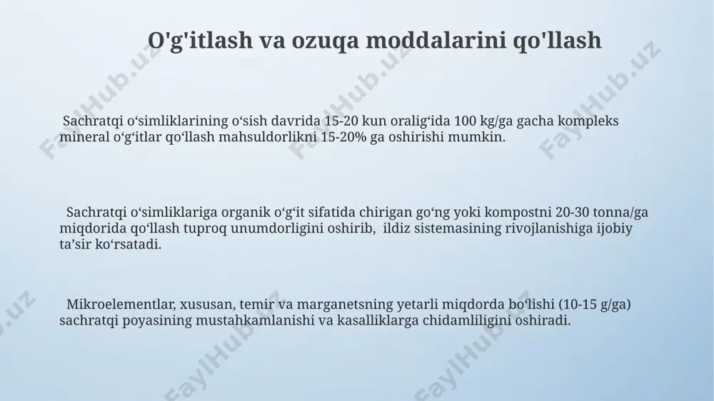 hastotasi va miqdori tuproq namligini nazorat qiluvchi sensorlar yordamida aniqlanib, suv sarfini 30% gacha kamaytiradi va o'simliklarning stressini oldini oladi. iqtisodiy samaradorlik va rentabellik har gektardan o'rtacha hosildorlikni 1,5-2 tonnaga oshirish orqali sof foydani 30% ga oshirishga erishish mumkin, bu esa yuqori rentabellikni ta'minlaydi. sachratqi ekinlari etishtirishda sug'orish samaradorligini 20-30% ga oshirish orqali suv xarajatlarini kamaytirish va rentabellikni 15% ga oshirish mumkin. zamonaviy agrotexnologiyalarni qo'llash orqali kasallik va zararkunandalarga chidamli navlarni ekish hosil yo'qotishlarini 10% ga kamaytirib, rentabellikni 25% ga oshiradi. zamonaviy agrotexnologiyalarni qo'llash precision farming texnologiyalari, gps va sensorlardan foydalanib, o'g'it va pestisidlarni maqsadli qo'llashni ta'minlaydi, bu esa xarajatlarni 10-15% qisqartiradi va atrof muhitga ta'sirni kamaytiradi. zamonaviy sug'orish tizimlari, masalan, tomchilab sug'orish, suv sarfini 30% ga kamaytirib, hosildorlikni 15-20% ga oshiradi. dronlardan foydalanib, hosil holatini kuzatish va zararkunandalarni aniqlash, zararni 5-10% ga kamaytirib, o'z vaqtida profilaktika choralarini ko'rish imkonini beradi. kasallik va zararkunandalarga qarshi kurash sachratqi ekinlarida 5-7 kun …