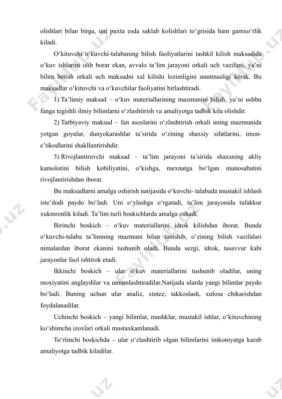 yangi bilimlar paydo bo‘ladi. buning uchun ular analiz, sintez, takkoslash, xulosa chikarishdan foydalanadilar. uchinchi boskich – yangi bilimlar, mashklar, mustakil ishlar, o‘kituvchining ko‘shimcha izoxlari orkali mustaxkamlanadi. to‘rtinchi boskichda – ular o‘zlashtirib olgan bilimlarini imkoniyatga karab amaliyotga tadbik kiladilar. bularni bilish orkali o‘kituvi ta’lim-tarbiya jarayonini samarali boshkarishi mumkin. shuning uchun o‘kuv jarayonining hamma boskichlarida o‘kituvchi yetakchilik va boshkaruvchilik rolini o‘ynaydi. yukoridagi fikrlardan xulosa chikaradigan bo‘lsak, o‘kitish jarayoni bilish faoliyatining muxim tarmogi sifatida kator vazifalarni bajaradi. jumladan: 1) o‘kuvchi va talabalarda bilim, ko‘nikma va malakalarni hosil kiladi; 2) ularda dunyokarashni, ishonch va e’tikodlarini o‘stiradi; 3) yoshlarni muayyan darajada o‘kimishli, madaniyatli, tarbiyali kishilar bo‘lib yetishishlariga, kobiliyat va iste’dodlarini o‘stirishga erishiladi. bu vazifalarni muvaffakiyatli xal etish uchun o‘kituvchida o‘z kasbiga layokat bo‘lishi lozim. layokatlilik pedagogik mexnatni muvaffakiyatli bajarishga kodir bo‘lishdir. bu avvalo, pedagogik kasbning ijtimoiy roli va zaruriyatini yakkol tasavvur kila olishida ko‘rinadi. bundan tashkari o‘kituvchi, o‘kuvchiga o‘z faoliyatining ob’ekti sifatida kizikib karashi, uning …