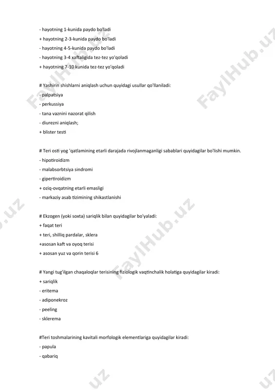 si 6 # yangi tug'ilgan chaqaloqlar terisining fiziologik vaqtinchalik holatiga quyidagilar kiradi: + sariqlik - eritema - adiponekroz - peeling - sklerema #teri toshmalarining kavitali morfologik elementlariga quyidagilar kiradi: - papula - qabariq - blister + tugun - pustula #erta bolalar terisining xususiyatlariga quydagi bo'lgan: - yupqa epidermis - epidermis va dermis o'rtasidagi qattiq aloqa - qon ta'minotining etarli emasligi - terining shaffofligi va pushti rangi + peeling va maseratsiyaga moyillik # chaqaqlarda seba bizlari: -tug'ilgandan keyin ishlay boshlaydi + kaft va oyoqdan tashqari butun teriga tarqalgan - kaftlar va tagliklarda jamlangan - kistaga aylanishi mumkin ( milia ) - haddan tashqari ishlashi bilan bosh terisining seboreyasi paydo bo'ladi # yosh bolalarda terlash: - hayotning birinchi oyidan boshlanadi + 3 yildan keyin boshlanadi - asosan bosh terisi, orqa, ko'krakda paydo bo'ladi - asosan qo'ltiq osti, inguinal burmalarda paydo bo'ladi - birinchi navbatda apokrin bezlar tomonidan amalga oshiriladi # chaqaqlarda qo'yishlik …