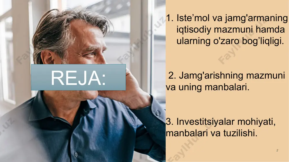 ha moyillik (io'm) deyiladi va quyidagicha aniqlanadi: io’m = iste’mol sarflari hajmi / sof daromad hajmi = c / y 5 2.jamg’arishning mazmuni va uning manbalari 6 jamg‘arish - milliy daromadning bir qismi asosiy va aylanma kapitallami, shuningdek, ehtiyot zaxiralarini ko'paytirish uchun sarflanishiga aytiladi. jamg'arish summasi, uning hajmi va tarkibi takror ishlab chiqarish sur’atlarini belgilab beradigan hal qiluvchi omillardir. jamg'arish normasi bevosita jamg'arish summasining butun milliy daromad hajmiga nisbati bilan aniqlanadi: jn = ( js / md ) * 100% bu yerda: jn - jamg'arish normasi; js - jamg'arish summasi; md - milliy daromad. 6 jamg’arish mazmuni jamg'arish hajmi milliy daromadning bir qismini tashkil etadi va shu sababli milliy daromad hajmi ko'payishini belgilaydigan omillar, jamg'arish miqdorini ham belgilab beradi. bu omillardan asosiysi qo'llaniladigan resurslar massasi va ularning unumdorligidir. jamg'arish miqdori ishlab chiqarish jarayonida xomashyo, materiailar, energiyani tejab-tergab sarflashga ham bog'liq. mahsulot birligiga ularni sarflashni kamaytirish moddiy vositalarning o'sha miqdorida mahsulotlarni …