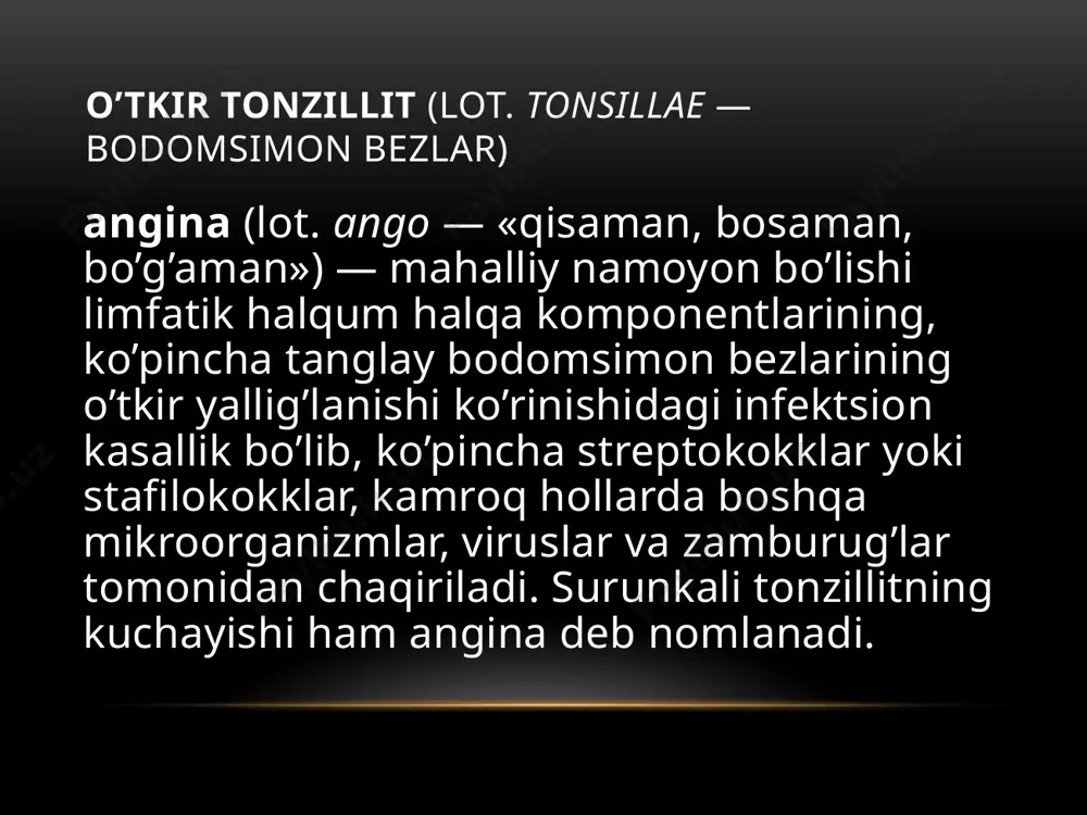 ning yuzasida ko’plab dumaloq, biroz ko’tarilib turgan sarg’ish yoki sarg’ish-oq nuqtalar ko’rinadi. kasallikning davomiyligi 5-7 kun. lakunar angina lakunar angina follikulyar anginaga o’xshash alomatlar bilan kechadi, ammo ular og’irroq bo’ladi. kattalashgan bodomsimon bezlarning giperemiyalangan yuzasi fonida sarg’ish-oq karash paydo bo’ladi. kasallikning davomiyligi 5-7 kun. ba’zi hollarda follikulyar yoki lakunar angina fibrinoz angina tipi bo’yicha rivojlanishi mumkin, bunda parda hosil bo’lishi uchun asos yorilgan yiringlagan follikula hisoblanadi yoki lakunar anginada fibrinoz parda lakuna teshigidagi epiteliy nekrotizatsiyasi sohasidan tarqaladi. fibrinoz angina fibrinoz angina bodomsimon bezlardan ham tashqariga chiqishi mumkin bo’lgan yagona yaxlit oqimtir-sarg’ish karash shakllanishi bilan tavsiflanadi. bunday tipdagi angina lakunar shakldan rivojlanishi yoki kasallikning dastlabki soatlaridanoq yaxlit parda mavjudligi bilan mustaqil ravishda kechishi mumkin. ikkinchi holatda, yuqori harorat, varaja, umumiy intoksikatsiyaning og’ir belgilari, ba’zida bosh miya shikastlanishi belgilari bilan kechishi xarakterlidir. etiologiya anginada 50% dan ko’proq holatlarda asosiy etiologik rol a guruh β-gemolitik streptokokkga tegishli. bakteriyalar — eng ko’p uchraydigani a …