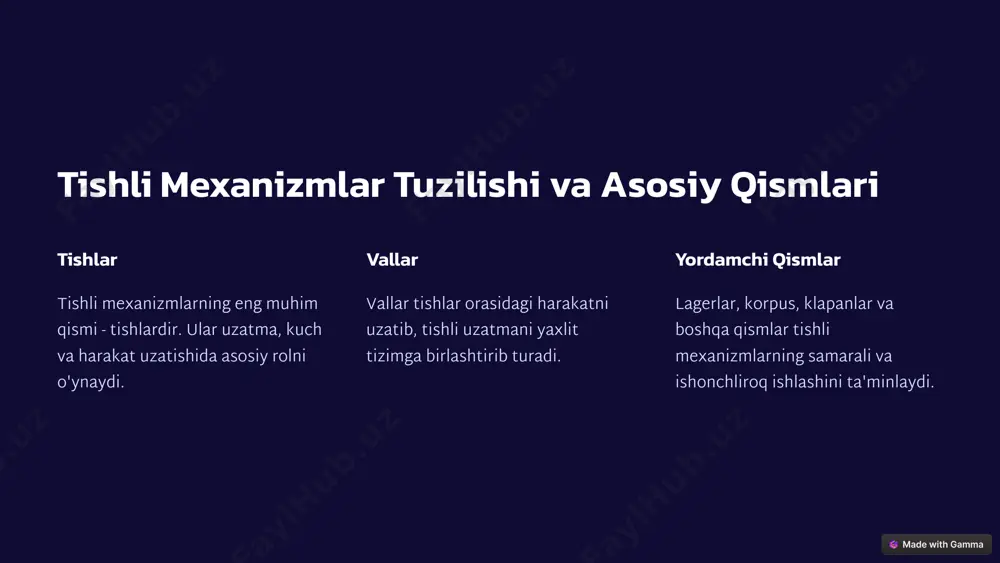 dinamikasi va kuchlarini tahlil qilish ishqalanish kuchlari tish sirtlarida ta'sir etuvchi ishqalanish kuchlari dinamika tahlilida muhim o'rin tutadi. inersiya kuchlari tezlangan harakatda paydo bo'ladigan inertsiya kuchlari, dinamik yuklamalarni hisoblashda hisobga olinadi. optimal dizayn kuchlarni tahlil qilib, tishli mexanizmlarni optimal loyihasi ishlab chiqiladi. 6 tishli mexanizmlar loyihalash asoslari 1 tish profili tishlarning profili va geometriyasi mexanizm ishlashiga katta ta'sir ko'rsatadi. 2 quvvat uzatish quvvatni uzatish imkoniyati va samaradorligini baholash loyihalashtirish uchun muhimdir. 3 chidamlilik tishli uzatmalarning bexato va uzoq muddatli ishlashi uchun chidamlilik parametrlari hisoblanadi. 7 tishli mexanizmlar uchun materiallar tanlash metallar buglana chidamli, mustahkam va yemirilishga bardosh beradigan metallar tishli mexanizmlar uchun eng mos materiallardir. polimerlar yengil, arzon va tamir qilish oson bo'lgan polimerlar ham ayrim tishli mexanizmlarda qo'llaniladi. kompozitlar yuqori mustahkamlik, yengil vazn va korroziyaga chidamlilik tufayli kompozit materiallar keng qo'llanilmoqda. 8 tishli mexanizmlar ishonchlilik va xavfsizlik masalalari 1 chidamlilik tishli mexanizmlar uzoq muddatli va salmoqli yuklamalar ostida ishlashi …