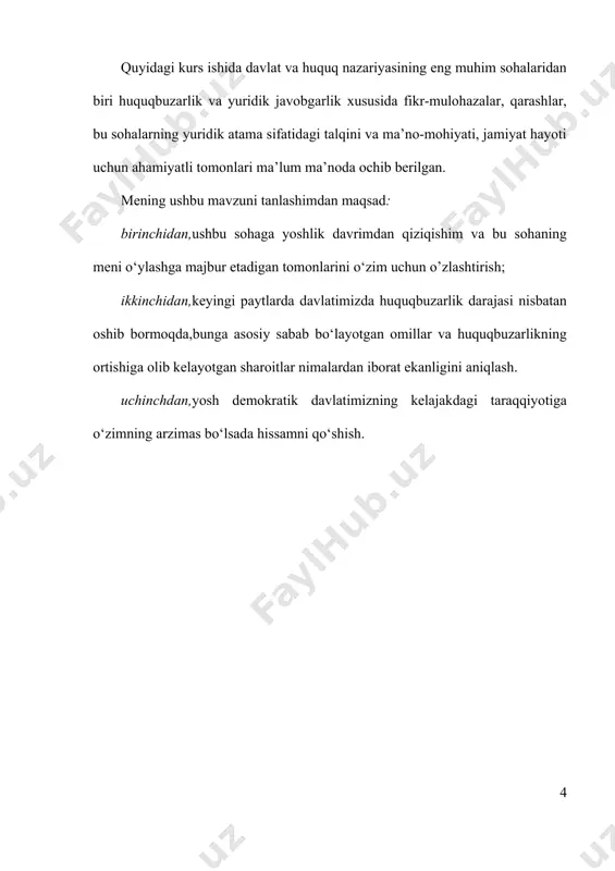 attiq belgilanadi. shuningdek, sodir qilingan jinoyat uchun jarima sifatidagi javobgarlik, jamoa tanbehi belgilansa, ma’muriy nojo‘ya hatti-harakat uchun ikki oylik majburiy mehnatga yoki 15 kunga qadar ma’muriy qamoqqa tortilishi mumkin. alohida olingan ijtimoiy xavfli harakat ochiq-oydin bo‘lmasligi (yo‘lovchining chorrahadan qizil chiroqda yoki taqiqlangan erdan o‘tishi)mumkin, basharti bu nojo‘ya harakat jamoat joyida bo‘lsa, u ochiq-oydin bo‘ladi va yaqqol ko‘zga tashlanadi. · huquq buzilishi zid hatti-harakat xususiyatiga ega. agar ijtimoiy xavf-huquq buzishining ichki belgisi bo‘lsa, zid hatti-harakat uning tashqi xususiyati hisoblanadi. huquq buzilishi-huquqqa qarshi qaratilgan va ayni holda unga teskari hisoblanadi. ijtimoiy xavflilik qonun buzilishining zid hatti–harakatiga bog‘liq bo‘ladi. agar hatti–harakat alohida olingan shaxs yoki jamiyat uchun xavfli hisoblansa, u vaqtda huquqiy normalar bilan man qilinadi. huquq buzilishi ijtimoiy xavfli hatti–harakatning yuridik ifodasidir. · huquq buzilishi faqat odamlar tomonidan sodir etiladi. huquq tarixidan ma’lumki, hayvonlar ham ba’zi vaqtlarda qonun buzilishining subyekti bo‘lib hisoblanadi. o‘rta asrlarda ba’zi mamlakatlarda hayvonlar to‘ng‘izlar, sichqonlar, kalamushlar, itlar va …