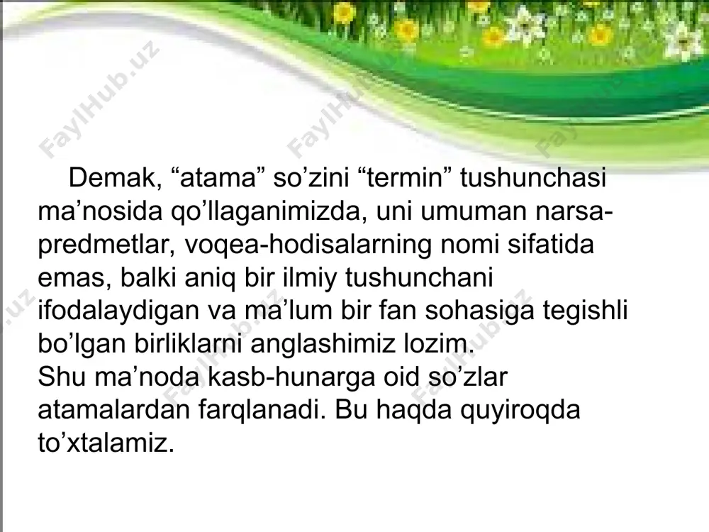 an so‘zlar nisbatan faol qo‘llanadi: gidrogenerator, gidrodinamika, gidrograf, gidroinshoot, gidrometrik, gidromexanika, gidromodul, gidrotexnika, gidrotrubina, elektromontyor, elektroskop, elektrotexnik, energetik, energosistema kabilar. gidroenergetika tizimida suv zahiralaridan oqilona foydalanish orqali elektr energiyasi olinishini e’tiborga olsak, ushbu soha atamalari “suv”, “energetika”, “elektr”, “qurilish”, “mexanika” tushunchalari bilan bog‘liq so‘zlar asosiga shakllanganligi oydinlashadi. jamiyat hayotiga gidroenergetik tushuncha va hodisalar, narsa-buyumlar, qurilmalar va inshootlarning kirib kelishi bilan o‘zbek tili lug‘at tarkibida ham o‘sish va o‘zgarishlar sodir bo‘lib borayotganligi, ushbu so‘zlar hisobiga til boyligi kengayganligini ko‘rishimiz mumkin. gidroenergetik atamalar tizimida gidro va energetika mavzuviy sistemasi markaziy o‘rinni egallaydi va quyidagi ichki guruhlardan tashkil topadi: 1) suv va suv xo‘jaligi bilan bog‘liq tushunchalarni ifoda etuvchi atamalar; 2) elektr-energiya bilan bog‘liq tushunchalarni ifoda etuvchi atamalar; 3) gidroenergetik qurilish materiallarini ifoda etuvchi atamalar; 4) gidroinshootlar va gidroqurilmalarni ifodalovchi atamalar; 5) suv va energiyadan foydalanish hamda ta’mirlash jarayonlarini ifoda etuvchi atamalar; 6) soha mutaxassisliklari va faoliyat jarayonlari bilan bog‘liq atamalar ; topshiriq. …