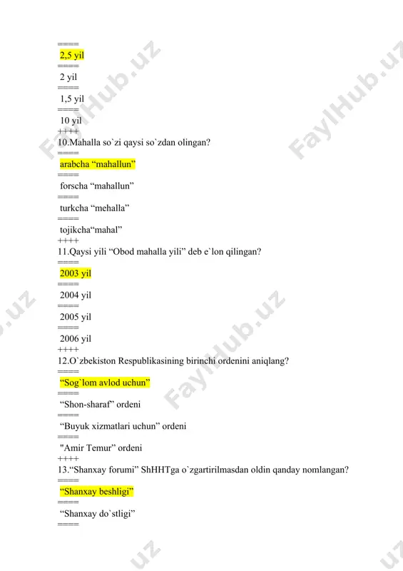 = prezident ijro hokimiyati ==== qonun chiqaruvchi, ijro etuvchi hokimiyat ==== ijro etuvchi, sud hokimiyati ++++ 23.2007-yil toshkent shahriga qaysi tashkilot tomonidan “islom madaniyati poytaxti” nomi berildi? ==== aysesko ==== yunesko ==== bmt ==== qizil yarim oy jamiyati ++++ 24.i.karimovning “o`zbekiston mustaqillikka erishish ostonasida” asari nechanchi nashrdan chiqdi? ==== 2011 yil ==== 2012 yil ==== 2010 yil ==== 2009 yil ++++ 25.konstitutsiyaga muvofiq o`zbekiston respublikasi aholisi oldiga qanday maqsad qo`yilgan ? ==== insonparvar demokratik huquqiy davlat barpo etish ==== xususiy tadbirkorlikka tayanuvchi davlat barpo etish ==== rivojlangan kapitalistik davlat barpo etish ==== bozor iqtisodiyotiga asoslangan davlat barpo etish ++++ 26.2007 yil qanday nomlangan? ==== ijtimoiy himoya yili ==== oila yili ==== mehr-muruvvat yili ==== yoshlar yili ++++ 27.o`zbekistonda qancha millat vakillari yashaydi? ==== 130 dan ortiq ==== 140 dan ortiq ==== 120 dan ortiq ==== 150 dan ortiq ++++ 28.o`zbek modeli nechta tamoyildan iborat? ==== 5 ta ==== 4 ta …