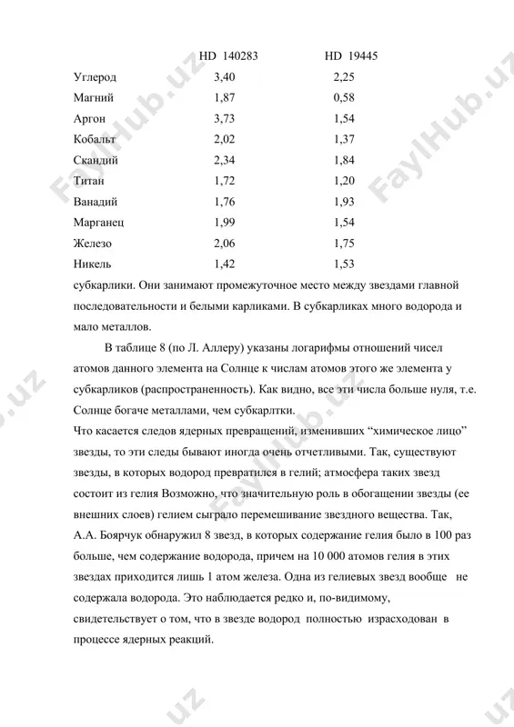 цессе ядерных реакций. при тщательном изучении одной из таких звезд в ней были обнаружены углерод и неон, а также титан. у другой гелиевой звезды на 500 атомов гелия приходится углерода - 0.56, азота - 0.72, кислорода - 1.0, неона - 3.2, кремния - 0.05, магния - 0.5. яркая двойная звезда в созвездии стрельца - сверхгигант с температурой поверхности около 10 000( с - также является дефицитной по водороду: в ее спектре наблюдается четко выраженные линии гелия и очень слабые линии водорода. по - видимому, это те звезды, в которых водород уже выгорел в пламени ядерных реакций. наличие в них углерода и азота дает возможность сделать обоснованные предположения о ходе ядерных реакций, доставляющих энергию и производящих ядра различных элементов. очень интересны углеродные звезды. это звезды относительно холодные - гиганты и сверхгиганты. их поверхностные температуры лежат обычно в пределах 2500 - 6000(с. при температурах выше 3500(с при равных количествах кислорода и углерода …