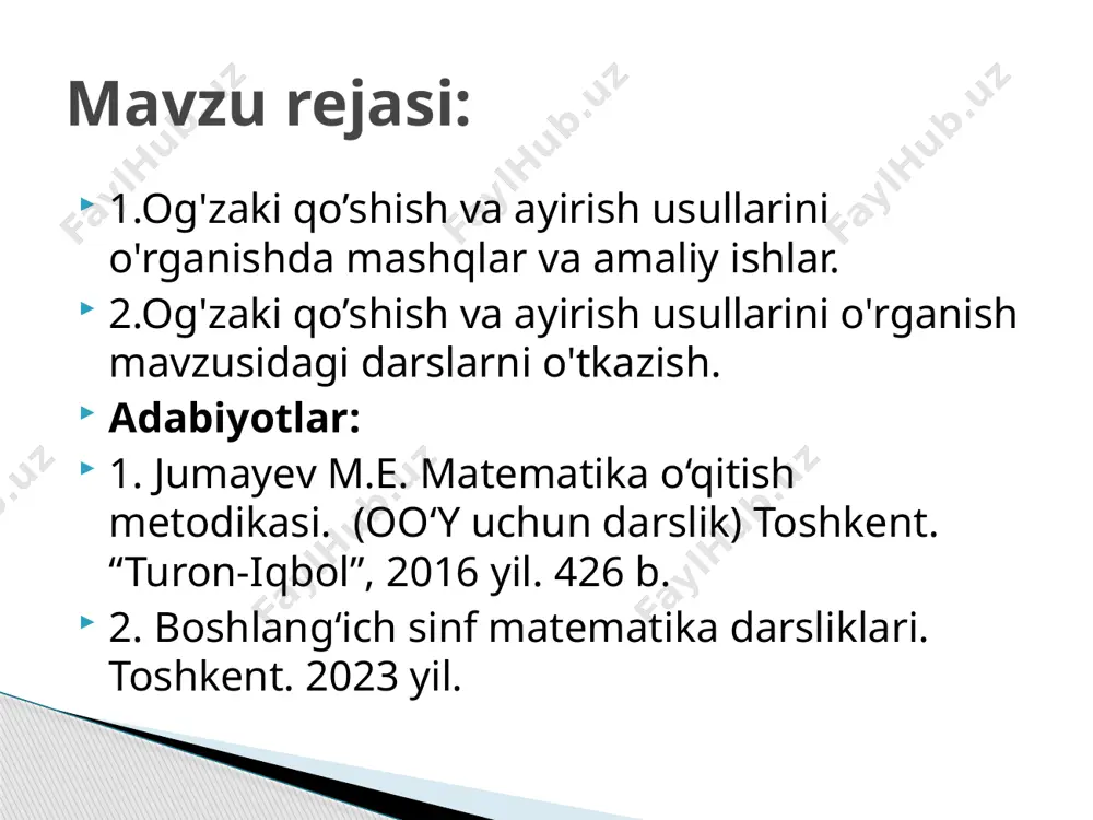 1 500 + 220 + 21 = =1 000 + (500 + 200) + (20 + 20)+ 1 = 1 000 + 700 + 40+ 1 = 1 741. 1.2-usul. xonalar bo‘yicha qo‘shish. misollar jufti qaysi qoida bo‘yicha tuzilganini aniqlang: 6+3 4+2 6-3 4-2 60+30 40+20 60-30 40-20 shunday juftlar tuzing ustunni davom ettiring. 2- topshiriq qo‘shish usullarini qo‘llang 1) 600+300 = 2) 450+300= 3) 840+60= 3- topshiriq qo‘shish usullarini qo‘llang 1) 600+300 =6 yuzl.+3 yuzl.=9 yuzl. =900 2) 450+300=(400+50)+300=700+50=750 3) 840+60=(800+40)+60=800+1 00=900 3- topshiriq ayirish usullarini qo‘llang 1) 600-300 = 2) 600000 - 300000; 3) 840-60= 4) 450-300= 5) 1247-123-124= 6) 1456-997= 7) 684000-80000; 8) 860 000 - 200 000? 9) 1548-997 10) 3970+555 11) 1485-526+126 12) 4797-(1797+642) 4- topshiriq boshlang‘ich sinflar uchun matematika darsliklarida o‘quvchilar og‘zaki bajarishlari mumkin bo‘lgan ko‘p xonali sonlarni qo‘shish va ayirish bo‘yicha topshiriqlar: 5-topshiriq hisob-kitoblarsiz yoki hisob-kitoblar bilan bajarilishi mumkin bo'lgan ifodalarni taqqoslash uchun …