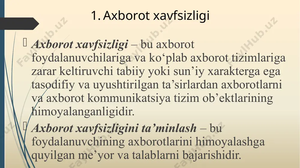 ani; minimal darajadagi xavfsizlik talablariga ham javob bera olmayotgan dasturiy vositalarning mavjudligi; tarmoqli texnologiyalarning hamma joyga tarqalishi va lokal tarmoqlarning globallashuvi; internet tarmog‘idan foydalanuvchilar sonining tez suratlar bilan oshishi. 2. axborotlarni himoyalashning texnik va dasturiy vositalari funksional vazifasiga ko‘ra axborotlarni muhandis-texnik himoyalash vositalari quyidagi guruhlarga ajratiladi: fizik vositalar apparat vositalari dasturiy vositalari kriptografik vositalari 2. axborotlarni himoyalashning texnik va dasturiy vositalari fizik vositalar mexanik, elektromexanik, elektron, elektron-optik, radio- va radiotexnik va boshqa qurilmalar vazifalari korxona hududini qo‘riqlash va uni kuzatish; binolarni qo‘riqlash va uni nazorat qilish; jihozlarni, mahsulotlarni, moliyaviy natijalar va axborotlarni qo‘riqlash; bino va inshoatlarni nazorat qiluvchi vositalarga kirishni himoya qilish 2. axborotlarni himoyalashning texnik va dasturiy vositalari apparat vositalari vazifalari axborotlarni ruxsat berilmagan kirishlardan himoyalash; axborotlarni nusxa olishdan himoyalash; axborotlarni viruslardan himoyalash; aloqa kanallarini dasturiy himoyalash 2. axborotlarni himoyalashning texnik va dasturiy vositalari dasturiy vositalar bu axborotlarni himoya qilish vazifasini amalga oshiruvchi maxsus dasturlar tizimidir vazifalari axborotlarni ruxsat …