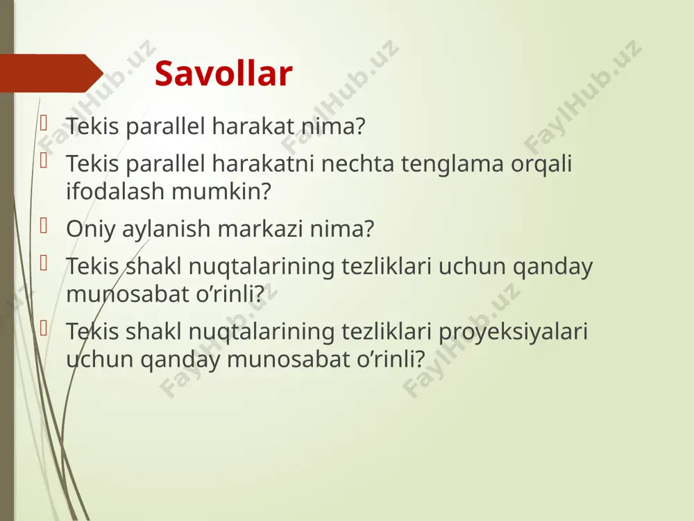 shakl bilan bog’langan shunday nuqta mavjudki, uning shu paytdagi tezlanishi nolga teng bo’ladi. faraz qilamiz, tekis shakl biror nuqtasining tezlanishi, shu nuqta atrofida tekis shaklning burchak tezligi va burchak tezlanishi ma’lum bo’lsin. tezlanishlarni qo’shish teoremasiga asosan biror q nuqtasining tezlanishi uchun quyidagi vektor tenglamani yozish mumkin: q nuqtaning tezlanishini nolga teng deb olamiz: ya’ni q nuqtaning qutb atrofida aylanma harakat tezlanishi a nuqta tezlanishiga son qiymat jihatidan teng, unga parallel va qarama-qarshi yo’nalgan bo’ladi. oniy aylanish markaziga nisbatan nuqtaning to’liq tezlanish vektori bilan qutb va nuqtani birlashtiruvchi to’g’ri chiziq orasidagi burchak: bu munosabat orqali tezlanishlar oniy markazini (q nuqtani) topish imkonini beradi, ya’ni tezlanishlar oniy markazi a nuqta tezlanishi vektori bilan  burchak tashkil etuvchi to’g’ri chiziqda aq masofada yotishini hosil qilish mumkin. a q shunday qilib, tekis shakl nuqtalarining tezlanishlarini aniqlash uchun uni tezlanishlar oniy markazi atrofida aylanma harakat qiladi deb faraz qilish kerak. savollar tekis shakl nuqtalarining tezliklari …