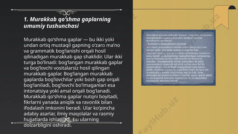 va izchil ifodalash mumkin. misol uchun: "bodringni silash kerak, lekin uni qirqish shart emas." bu yerda "lekin" bogʻlovchisi qarama-qarshi ma'noni keltirib chiqarmoqda. oʻzbek tilida koʻplab bogʻlovchilar mavjud boʻlib, ular orqali murakkab gaplarning ma'nosi yanada aniqlashadi. ... t.me/slaydai_bot 7. murakkab qoʻshma gaplarda ergash gap bilan bosh gap munosabati murakkab qoʻshma gaplarda ergash gap bilan bosh gap orasidagi munosabat murakkab tarkibda ifodalanadi. ergash gap asosiy, ya'ni bosh gapga turli qaramlik, bogʻliqlik orqali ulanadi. ergash gap bosh gapning biron-bir a'zosi yoki ma'no jihatidan unga bogʻliq boʻladi. odatda, bunday gaplarda ergash gap qoʻshilgan joyida yasalishi mumkin va bu ayrim hollarda faqat ma'nolarni toʻldiruvchi vazifani bajaradi. murakkab qo'shma gaplar vositalari: bog'lovchilar, yuklamalar, soʻz tartibi va ohangdir. ergash gaplar shakliy va mazmuniy oʻzgarishlari bilan bosh gapga mazmunan xizmat qiladi. murakkab gaplar til muloqotida aniq va maqsadga mos ma'nolarni ifodalashga xizmat qiladi. ... t.me/slaydai_bot murakkab qoʻshma gaplar zamon, shart va sabab munosabatlarini ifodalashda muhim rol oʻynaydi. zamon …
