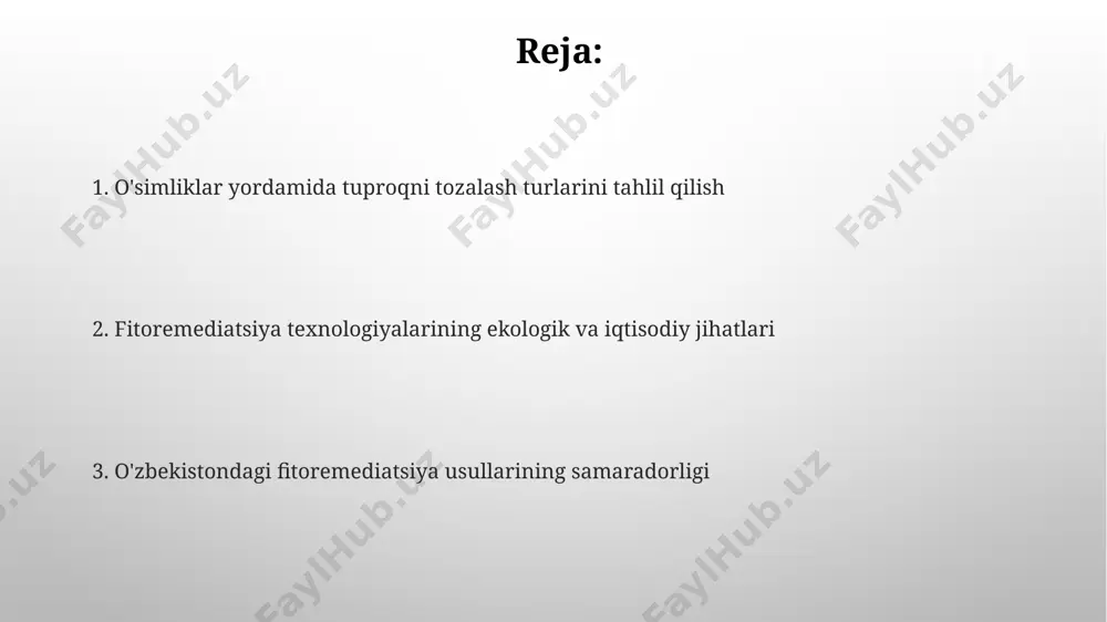 qilish, shuningdek, 10-15% gacha organik moddalarni qo'shish zarur. tadqiqot natijalariga ko'ra, fitoremediatsiyaning iqtisodiy samaradorligini baholash uchun 5 yillik davrdagi xarajatlar va foydalarni tahlil qilish tavsiya etiladi. fitoekstraksiya fitoekstraksiya jarayonida 5-10 sm chuqurlikdagi tuproq qatlamida yashashga moslashgan o'simlik turlarini tanlash samaradorlikni 30% ga oshirishi mumkin. fitoekstraksiya samarasini oshirish uchun chelatlovchi moddalardan foydalanish tuproqdagi og'ir metallarning bio-mavjudligini 2-3 baravar oshiradi. havoning ifloslanishi turlari va ularning tarqalishi toshkent viloyatida avtomobil transport vositalarining chiqindilari tufayli havo ifloslanishining asosiy manbalari noₓ va co gazlari bo'lib, ularning konsentratsiyasi chegaraviy ruxsat etilgan me'yorlardan 1,5-2 barobar yuqori. qoraqalpog'iston respublikasida, ayniqsa, fosfor va azot o'g'itlari ishlab chiqarish korxonalari atrofida, havo ifloslanishining asosiy omillaridan biri chang va zarrachalar hisoblanadi, ularning miqdori yillik o'rtacha 150 mkg/m³ dan oshadi. fitoremediatsiya usullarining turlari o'zbekiston sharoitida 30 dan ortiq turdagi fitoremediatsiya o'simliklari, jumladan, quyoshgul, qamish va boshqalar muvaffaqiyatli qo'llanilmoqda. tarkibida 5 mg/kg dan yuqori miqdordagi og'ir metallar bo'lgan tuproqlarni tozalashda fitoremediatsiya samaradorligi 80% ga …