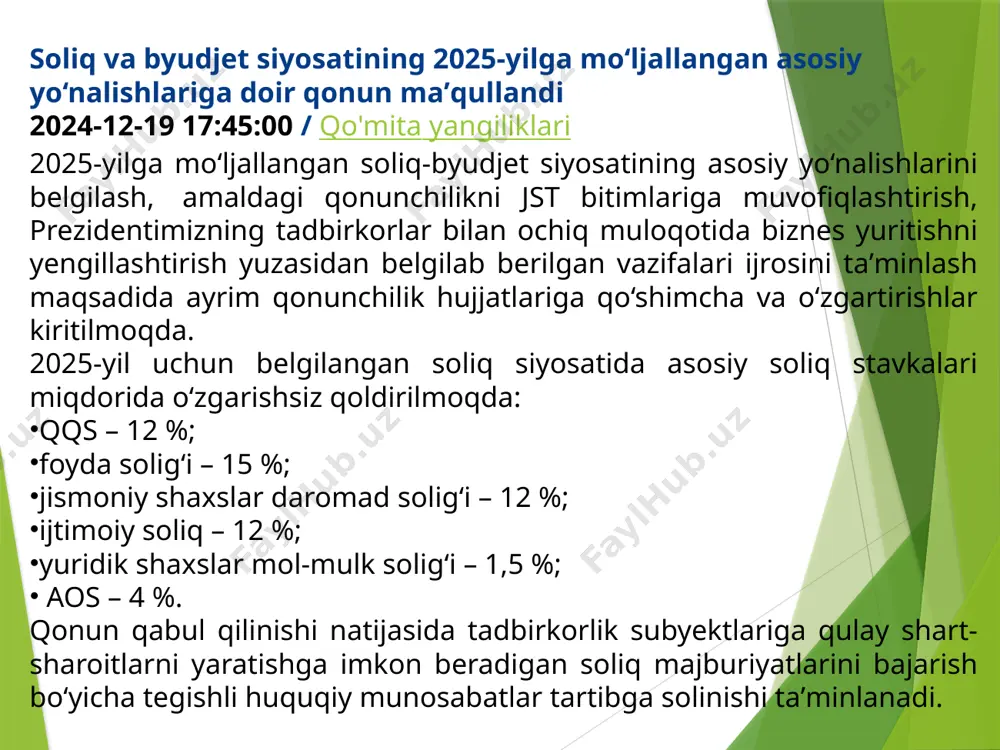 at beradi. foyda hajmining o’sishi korxonaning moliyaviy salohiyati, ishlab chiqarishni rivojlantirish, ishchi va xizmatchilarni moddiy rag’batlantirish imkoniyatlarini kengaytiradi. yuridik shaxslardan olinadigan foyda solig’i o’zining mohiyatiga ko’ra to’g’ri soliq, byudjetga tushishiga ko’ra esa umumdavlat solig’i hisoblanadi. yuridik shaxslardan olinadigan foyda solig’ining iqtisodiy mohiyati va ahamiyati foyda solig’ining mohiyati yuridik shaxslarning foydasini soliqqa tortish, ular foydasining bir qismini byudjetga undirish jarayonidagi moliyaviy munosabatlarda namoyon bo’ladi. yuridik shaxslar foydasi buxgalteriya qonunchiligida belgilangan moliyaviy natijalarni shakllantirish tartibiga asosan aniqlanadi. yuridik shaxslardan olinadigan daromad (foyda) solig’i 1991 yil 15 fevraldagi “korxonalar, birlashmalar va tashkilotlardan olinadigan soliqlar to’g’risida”gi qonunga asosan joriy qilingan va 1992 yildan boshlab daromad solig’i sifatida undirilgan. 1995 yildan mazkur soliq to’lovchilari quyidagilardan birini to’lashi belgilandi, ya’ni: a) foyda solig’i; b) daromad solig’i (tijorat banklari, sug’urta kompaniyalari, ko’ngil ochar o’yinlar, birjalar va boshqalar). yuridik shaxslardan undiriladigan foyda solig’ining o’zbekiston respublikasi davlat byudjeti soliqli daromadlari tarkibidagi ahamiyati ko’rsatkichlar 2011 yil 2012 yil 2013 yil …