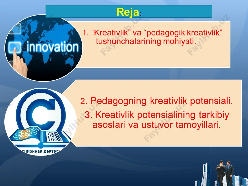 aziga, xarakteriga, jasoratiga, imo-ishora, nutq, kiyinish uslublariga beixtiyor taqlid qiladi, o‘z faoliyatida takrorlaydi. logo 6 o‘quvchilarning salbiy xatgi-harakatlari tufayli sodir bo‘ladigan emotsional his tuyg‘ularga berilmasligi har bir o‘quvchining psixologik va ruhiy holatini puxta o‘rganmasdan uning ongiga tarbiyaviy ta’sir o‘tkazishga harakat qilmasligi o`qituvchinig xatti harakati o`qituvchinig xatti harakati logo 6 har bir o‘quvchiga alohida shaxs sifatida hurmat e’tibor bilan munosabatda bo‘lishi sinf jamoasining norasmiy yetakchisini sezdirmasdan aniqlab olishi va uning xatgi harakatidan doimo ogoh bo‘lishi o`qituvchinig xatti harakati mavzu bo`yicha fidbek kelgusi mashg‘ulotda ko‘rishguncha...