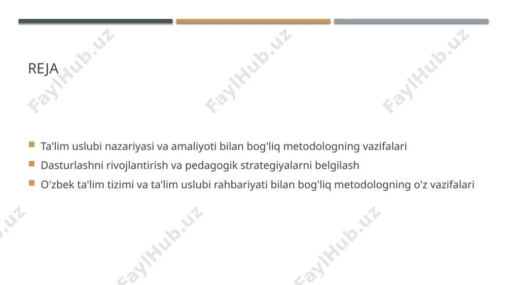 lariga asosan keyingi ta'lim ishlarni belgilaydilar va rivojlanish strategiyalarini belgilab chiqishadi. 3 metodologning roli metodologlar, ta'lim jarayonlarini tahlil etish orqali muvofiqliyatli ta'lim usullarini tanlashda va amalga oshirishda katta yordam beradi. 4 ta'lim uslublarini rivojlantirish metodologlar, ta'lim uslublarini rivojlantirishda o'qituvchilarga ko'rsatuvchi va yaratuvchi maslahatlar beradi, ta'lim sifatini oshirish va o'rganish jarayonlarini mustahkamlashadi. dastur tuzilishini tahlil qilish va rivojlantirish strategiyalarni tanlash. 1 dastur tuzilishi dastur tuzilishining axborot-tahlili, maqsadlari va strukturasi ustida tafakkur qilish metodologning eng muhim vazifalaridan biridir. 2 tahlil qilish dastur tuzilishini tahlil qilishda metodolog ta'limning maqsadlarini, o'quvchilar uchun zarur bo'lgan bilimlarni va rivojlantirish yo'llarini belgilaydi. 3 rivojlantirish strategiyalari tahlil natijalariga asosan, metodolog o'quvchilarni rivojlantirish uchun ilg'or rivojlantirish strategiyalarini tuzish va amalga oshirishga intiladi. 4 mustaqil o'rganish rivojlantirish strategiyalari o'quvchilarning mustaqil o'rganishini ta'minlash uchun dastur tuzilishini mustahkamlash va yangilashda juda muhimdir. pedagogik usullarni amaliyotda qo'llash va mustaqil o'rganish jarayoni. pedagogik usullar amaliyotda juda muhimdir. mustaqil o'rganish jarayonida o'qituvchilar o'quvchilarning zarur bilimlarini …