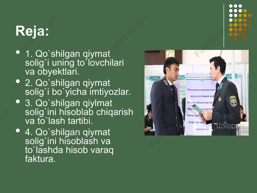 bul qiladi. bunda kommunal xizmat ko'rsatish korxonalari qo'shilgan qiymat solig'ini faqat musbat salg'do mavjud bo'lganida, ya’ni ko'rsatilgan xizmatlar uchun olingan qo'shilgan qiymat solig'i tushumlari umuman barcha faoliyatlar bo'yicha foydalanilgan moddiy resurslar uchun etkazib beruvchilarga to'langan qo'shilgan qiymat solig'i summasidan ortiq bo'lganida to'laydilar. qo'shilgan qiymat solig'iga tortiladigan va tortilmaydigan tovarlarni sotuvchi, ishlarni bajaruvchi va xizmatlar ko'rsatuvchi korxonalar, shuningdek, qo'shilgan qiymat solig'i bo'yicha imtiyozlarga ega korxonalar ushbu tovarlar (ishlar, xizmatlar)ni oladigan shaxsga ko'rsatilgan shaklga ko'ra bajarilgan xisobvaraq-fakturani taqdim etishi shart. xisobvaraq-fakturalarni, shuningdek, amaldagi qonunchilikka muvofiq soliq solishning aloxida tartibi ko'zda tutilgan yuridik shaxslar xam yozadilar. bunda mazkur korxonalar xisobvaraq-fakturada qo'shilgan qiymat solig'i summasini ko'rsatishmaydi va "qo'shilgan qiymat solig'isiz" degan belgili muxr qo'yadi (yoki yozuvni yozib qo'yadi). xisobvaraq-faktura o'zbekiston respublikasi pul birligi - so'mda yoziladi. tuzilgan shartnomalar shartlariga ko'ra tovarlari, xizmatlari narxi (tariflar) xorijiy valyutaga ekvivalentlikda belgilanadigan xo'jalik yurituvchi subyektlar xisobvaraq-fakturalarni xorijiy valyutaga ekvivalentlikda yozib, o'zbekiston respublikasi pul birligi - xisobvaraq-faktura yozilgan sanada …
