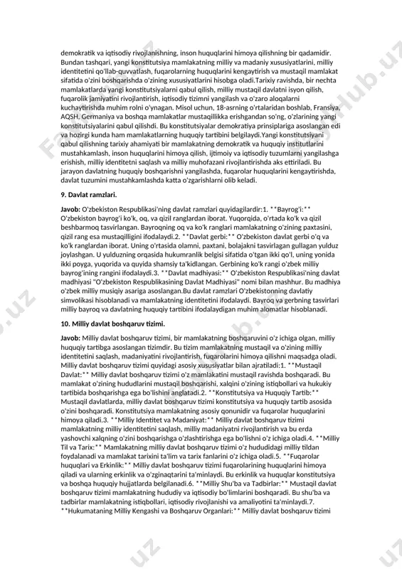 xshi rag'batlantirilishi, innovatsiyalar rivojlantirilishi, va mamlakatni xalqaro savdo tizimiga integratsiya qilish muhimdir.inson huquqlari va ijtimoiy adolat: model, inson huquqlarini himoya qilish, ijtimoiy adolatni ta'minlash va fuqarolar o'zaro baxtsizligi, barqarorligi va huquqlari bilan doimo hurmat kilishni ta'minlashni maqsad qilar. 5. o’zbekistonning ijtimoiy-siyosiy rivojlaninsh strategiyasi yangilanish va taraqqiyot yo’li. javob: "taraqqiyotning o'zbek modeli" ifodasi o'zbekistonning mustaqil davlat sifatida o'z rivojlanish yo'li va strategiyasini ifodalovchi bir tushunchadir. bu model o'zida mamlakatning unikalligi, milliy, madaniy, diniy qadriyatlariga ta'sir qilish, shuningdek, global va regional mamlakatlar bilan o'zaro hamkorlik qilish muhim tushunchalarni o'z ichiga oladi. quyidagi "o'zbek modeli"ning o'ziga xos xususiyatlari qanday rivojlanish yo'lini ifodalaydi:milliy identitet: o'zbek modeli, milliy identitetni saqlash va rivojlantirishga katta e'tibor beradi. mamlakat o'zining tarixi, til, madaniyat, va milliy qadriyatlarini saqlab qolish va ulardan mustaqil rivojlanish yo'lini tanlashda milliy identitetni muhim hisoblaydi.o'zaro hurmat va barqarorlik: "o'zbek modeli" mamlakat ichidagi o'zaro hurmat, do'stlarcha aloqa, va boshqa millatlar bilan barqarorlik muhim tushunchalarga aloqador. mamlakat …