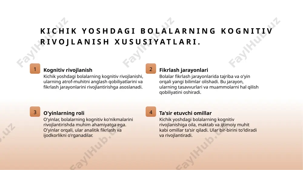 ish va ijodkorlikni oshiradi. 2 o'yin turlari rol o'ynash, qurilish va stol o'yinlari kabi turli o'yinlar bolalar uchun qiziqarli bo'lib, ularning fikrlash jarayonlarini rivojlantiradi va yangi bilimlar olishlariga yordam beradi. 3 o'yin orqali o'rganish o'yinlar orqali bolalar amaliy ko'nikmalarni o'zlashtiradilar. ular o'zaro munosabatlarni o'rganib, jamoa bilan ishlash qobiliyatlarini rivojlantiradilar. aqliy faoliyat va muammolarni hal qilish qobiliyatlari. aqliy faoliyat maktabgacha yoshdagi bolalar aqliy faoliyatlari orqali muammolarni hal qilish qobiliyatini rivojlantiradilar. bu jarayon, ularning fikrlash va mantiqiy tushunchalarini oshiradi. muammolarni hal etish bolalar muammolarni hal qilish jarayonida ijodkorlik va tasavvur qobiliyatlarini namoyon etadilar. o'yinlar va guruh faoliyatlari bu qobiliyatni mustahkamlaydi. o'yinlar va faoliyat o'yinlar bolalarga muammolarni hal qilishda yordam beradi. interaktiv o'yinlar, ularga strategik fikrlash va qaror qabul qilish qobiliyatini oshirishda foydalidir. kognitiv ko'nikmalar kognitiv ko'nikmalar, bolalar uchun muhim ahamiyatga ega bo'lib, ular muammolarni hal qilishda va yangi tajribalarni o'zlashtirishda yordam beradi. o'qituvchilar bu ko'nikmalarni rivojlantirishda yordam berishlari zarur. bolalar tillari va …