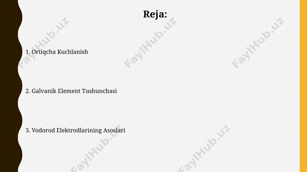 k elementlarning samaradorligi, ichki qarshilik va elektrod reaksiyalari tezligi kabi omillarga bog'liq bo'lib, 90% dan kam samaradorlikka ega bo'lishi mumkin. vodorod elektrodlarining turlari pt/h₂ elektrodlari 1 atm bosim va 25 °c haroratda ishlatiladigan va elektrolit eritmasida protonlar faolligi 1 mol/l bo'lgan standart vodorod elektrodlari hisoblanadi. vodorod elektrodlarining ikki asosiy turi mavjud: standart vodorod elektrodi (she) va dinamik vodorod elektrodi (dhe), ularning potentsiallari mos ravishda 0 v va o'zgaruvchan bo'ladi. vodorod elektrodlarining asoslari vodorod elektrodlari turli xil metallardan, masalan, platina yoki palladiy kabi inert metallardan tayyorlanadi va ularning yuzasi katta bo'lishi kerak, bu yuqori reaksiya tezligini ta'minlaydi. vodorod elektrodlari 25°c da 1 atm bosim ostida vodorod gazining elektrolit eritmasiga to'yinganligi bilan tavsiflanadi va nernst tenglamasidan foydalanib potentsialini hisoblash mumkin. e'tiboringiz uchun rahmat @taqdimot_robot image1.jpg image2.jpg image3.jpg image4.jpg image5.jpg image6.jpg image7.jpg