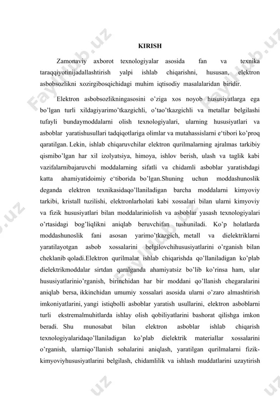 , yangi istiqbolli asboblar yaratish usullarini, elektron asboblarni turli ekstremalmuhitlarda ishlay olish qobiliyatlarini bashorat qilishga imkon beradi. shu munosabat bilan elektron asboblar ishlab chiqarish texnologiyalaridaqo’llaniladigan ko’plab dielektrik materiallar xossalarini o’rganish, ularniqo’llanish sohalarini aniqlash, yaratilgan qurilmalarni fizik-kimyoviyhususiyatlarini belgilash, chidamlilik va ishlash muddatlarini uzaytirish kabiamaliy vazifalarni yechishda muhim rol o’ynaydi. dielektrik moddalar tarkibiy tuzilishi va fizik xossalari haqidagi bilimlarularni hususiyatlari haqida atom molekulyar darajada fikr yuritishga, natijadaelektron asboblar yaratishni fundamental asoslarini yaratishga olib keladi. kurs ishining maqsad va vazifalari: “dielektriklarda yuz beradigan elektrostatik hodisalar” modulini o‘qitishda interfaol talim texnologiyalaridan foydalanishda innovatsion yondashuv masalalarini o‘rganishdan iborat. kurs ish predmeti va obyekti: umumiy o‘rta ta’lim maktablarida “fizika” fanining “dielektriklarda yuz beradigan elektrostatik hodisalar” bobini o‘qitish uslubiyoti. 1.1 dielektriklarda haqida ma’lumot dielektrik so’zi yunoncha dia - orqali va inglizcha elektrik — elektr so’zlaridan tuzilgan. «dielektrik» atamasini faradey elektr maydon kiradigan moddalarni atash uchun kiritgan. dielektriklar elektr tokini yomon o’tkazadi. ionlanmagan barcha gazlar, ba‘zi bir suyukliklar …