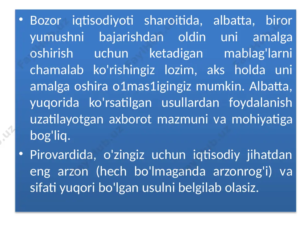 an tanishadi, ular ishlab chiqaradigan mahsulotlarni ko'radi vа pirovardida o'zida avtomatlashtirish uchun kerak bo'ladigan texnik jihozlarni xarid qiladi. albatta, tashkilotlarga o’rnatilgan avtomatlashtirish jihozlari yildan - yilga yangilanib, texnik jihatdan takomillashtirib boriladi. xx asrning so'nggi о'n yili mobaynida axborotlar bilan ishlash vа axborotlashtirish juda rivojlandi. bunga sabab shundaki, kundalik turmushda axborotlar, ularni qayta ishlash vа uzatishning ahamiyati ortib bormoqda. ви esa, o'z navbatida jamiyatning har bir a'zosidan axborotlashtirish vа axborot texnologiyalari sir1arini, uning qoida vа qonuniyatlarini mukammal bilishni taqozo etadi. respublikamiz mustaqillikka erishganidan so'ng, axborotlashtirish vа axborot texnologiyalaridan foydalanish yo'nalishida katta tadbir1ar amalga oshirildi. hukumatimiz tomonidan qabul qilingan «ta'lim to'g'risida»gi qonunda bu dasturning tub mohiyati bауоn etilgan. shuningdek, so'nggi 5-6 yil ichida bu sohada qabul qilingan qator hujjatlar axborotlashgan jamiyatni qurish eng oliy insoniy orzu-niyatga aylanganligidan dalolat beradi. endi «axborot texnologiyasi» fanining mohiyatini yoritishga o'tamiz. kundalik turmushda turli ko'rinishdagi axborotlar, masalan, matnli, grafikli, jadvalli, ovozli (audio), rasmli, video vа boshqa axborotlar …