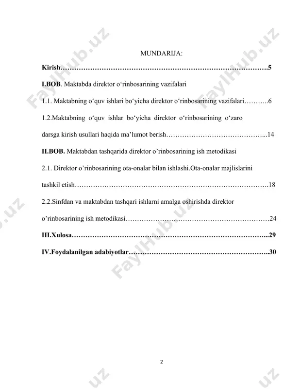 aniq talablarni belgilaydi; tashqi baholashning manfaatdor tomonlar (maktab boshqaruvi, rahbariyat, otaonalar va o‘quvchilar) ishtirokida amalga oshirilishi va uning natijalari keng jamoatchilikka e’lon qilinishi ta’lim sifatini yaxshilashga turtki beradi; tashqi baholash maktabda pedogogik madaniyatni shakllantirishga turtki beradi va o‘zini-o‘zi baholash tizimini rag‘batlantiradi. ushbu qo‘llanmada umumiy o‘rta ta’lim tashkilotlari ta’lim sifatini baholash va akkreditatsiyalashning yangi institutsional tizimi, ta’lim sifatini baholash mezonlari va standartlari, ularning mazmuni va baholash tartibi hamda umumiy o‘rta ta’lim maktablarini akkreditatsiyadan o‘tkazish jarayoni haqida batafsil ma’lumot berilgan. kurs ishini obyekti: maktablarni ta’lim sifati mezonlari sifatida o‘quvchilarning hayotga tayyorgarlik darajasi, kasbga yo‘naltirish ishlarining tashkil etilganligi, maktab hayoti va boshqaruvida o‘quvchilar, pedagoglar va ota-onalarning ishtiroki, o‘quvchiga yo‘naltirilgan ta’lim berish, pedagoglarning kasbiy rivojlanishi uchun yaratilgan sharoit va o‘zini-o‘zi rivojlantiruvchi muhitning yaratilganligi kabi yangi jarayonlarni tashkil etish. kurs ishining predmeti:tashkiliy-boshqaruv faoliyati samaradorligini aniqlashda 6 ta mezon, 14 ta ko’rsatkich, 200 bilan baholanadi. bu esa maktabning o‘quv ishlari bo‘yicha direktor o‘rinbosarining vazifalariga yanada chuqurroq …