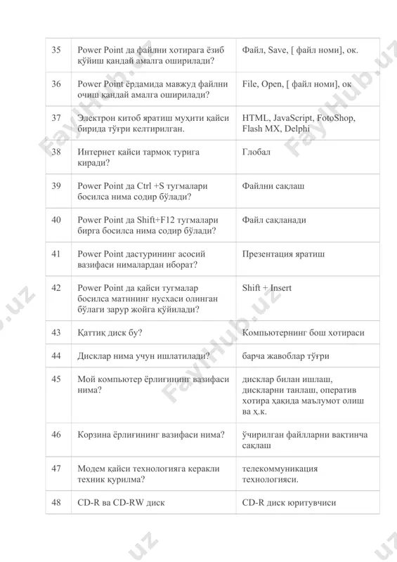 ирор файлдан расм нусҳасини олиш. 65 word да сtrl+о тугмаси қандай вазифани бажаради? файлни очади 66 word да сtrl+р тугмаси қандай вазифани бажаради? файлни босмага чиқаради 67 word да сtrl+z тугмаси қандай вазифани бажаради? бажарилган охирги амални бекор қилади 68 word да сtrl+к тугмаси қандай вазифани бажаради? гипермурожат қилиш 69 word матн муҳаррири хотирага қандай юклатилади? сичқонча иш столидаги microsoft word ёрлиғи устига қўйилиб икки марта босилади 70 word дастури нима учун мўлжалланган? матнли маълумотларни қайта ишлайдиган дастур 71 lexicon, microsoft word, блокнот 72 microsoft word матн муҳарририда киритилган маълумотни дискка ёзиш тартиби тўғри келтирилган қаторни танланг? меню/ сохранить/ файл номи/ сохранить 73 word да гипермурожаат матнини зарур жойга қўйиш учун қайси тугмалар босилади? сtrl+k 74 excel дастури нима учун мўлжалланган? жадвалли маълумотларни қайта ишлайдиган дастур 75 power point да ҳужжатнинг тўла матнини белгилаш учун қайси тугмалар босилади? сtrl+a. 76 матн мухарирларига қуйидагиларнинг қайси киради? word 77 график мухарирларига қуйидагиларнинг …