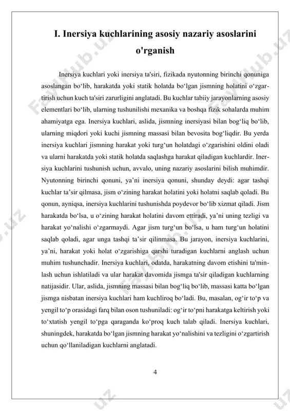 y qo‘llanilishi, insonlarning kundalik hayoti va zamonaviy texnologik rivojlanish uchun asosiy asoslarni tashkil etadi. ularni chuqur tushunish, yangi materiallar va texnologiyalar yordamida, inersiya kuchlarini boshqarish va kamaytirish imkoniyatlarini kengaytiradi, bu esa, xavfsizlikni ta'minlash va energiya samaradorligini oshirish uchun muhim ahamiyatga ega. shuningdek, ularning nazariy va amaliy tomonlarini kengaytirish, inson va texnologiyalar uchun yanada xavfsiz va samarali tizimlar yaratishga yordam beradi. inersiya kuchlari – mexanikada jismlarning harakati bilan bog‘liq, bevosita tashqi kuchlarga bog‘liq bo‘lmagan, lekin noinersial (tezlanayotgan yoki burilayotgan) tizimlarda harakatni tahlil qilishda inobatga olinadigan kuchlardir. ular haqiqiy kuchlar emas, balki hisoblash qulayligi uchun kiritiladigan tasavvuriy kuchlar hisoblanadi. noinersial tizimda harakatni to‘g‘ri tahlil qilish uchun jismga go‘yoki qo‘shimcha kuch ta’sir qilayotgandek qaraladi. shu qo‘shimcha kuch inersiya kuchi deb ataladi. bu kuch jismning tezlanishiga qarama-qarshi yo‘nalgan bo‘ladi va harakatdagi o‘zgarishga qarshilik ko‘rsatadigan kuch sifatida tasvirlanadi. fizikada harakatning asosiy qonunlari nyuton tomonidan shakllantirilgan bo‘lib, bu qonunlar jismlarning qanday harakat qilishini tushuntirishda muhim o‘rin …