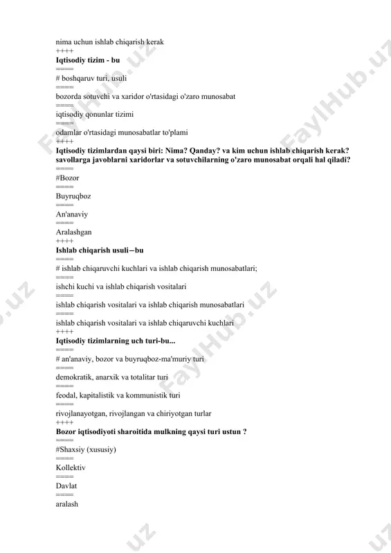 bu: ==== #sotish uchun yaratilgan mehnat mahsuli ==== egasining mehnati mahsuli ==== xaridorlar manfaatlarini birlashtiruvchi mahsulotlar ==== investitsiya natijasi ++++ mahsulotning inson ehtiyojlarini qondirish qobiliyati - bu: ==== #iste’mol narxi ==== narxi ==== almashinuv qiymati ==== foydalilik ++++ muayyan munosabatda bir tovarni boshqa tovarga almashtirilish qobiliyati- bu: ==== # almashinuv qiymati ==== iste’mol narxi ==== narxi ==== foydalilik ++++ tovar ishlab chiqarishga sarflangan ijtimoiy zarur mehnat miqdori - bu: ==== # narxi ==== iste’mol narxi ==== almashinuv qiymati ==== foydalilik ++++ tovarlarning universal o'lchovi va ayirboshlash vositasi bo'lgan maxsus tovar- bu: ==== #pul ==== tabiiy mahsulot ==== olmoslar ==== oltin ++++ barcha tovarlar qiymatini o'lchash va ularga sarflangan mehnatni hisobga olishni pulning quyidagi vazifasi bajaradi ... ==== #narx o'lchovi ==== to'lov vositasi ==== ayirboshlash vositasi ==== dunyo pullari ++++ tovarlarni kreditga sotishda pulning quyidagi funktsiyasi amalga oshadi ... ==== #to'lov vositasi ==== narx o'lchovi ==== ayirboshlash vositasi ==== to’plash vositasi …
