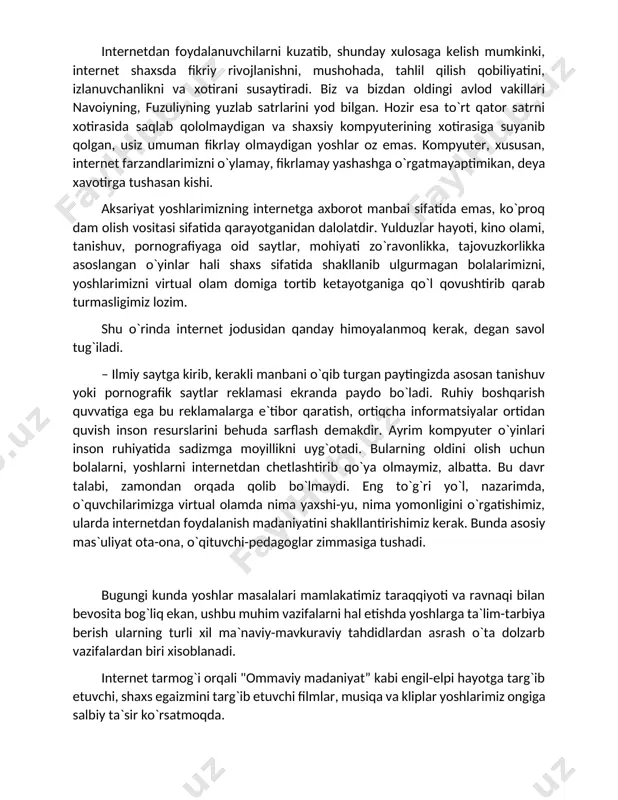 llanib ulgurmagan bolalarimizni, yoshlarimizni virtual olam domiga tortib ketayotganiga qo`l qovushtirib qarab turmasligimiz lozim. shu o`rinda internet jodusidan qanday himoyalanmoq kerak, degan savol tug`iladi. – ilmiy saytga kirib, kerakli manbani o`qib turgan paytingizda asosan tanishuv yoki pornografik saytlar reklamasi ekranda paydo bo`ladi. ruhiy boshqarish quvvatiga ega bu reklamalarga e`tibor qaratish, ortiqcha informatsiyalar ortidan quvish inson resurslarini behuda sarflash demakdir. ayrim kompyuter o`yinlari inson ruhiyatida sadizmga moyillikni uyg`otadi. bularning oldini olish uchun bolalarni, yoshlarni internetdan chetlashtirib qo`ya olmaymiz, albatta. bu davr talabi, zamondan orqada qolib bo`lmaydi. eng to`g`ri yo`l, nazarimda, o`quvchilarimizga virtual olamda nima yaxshi-yu, nima yomonligini o`rgatishimiz, ularda internetdan foydalanish madaniyatini shakllantirishimiz kerak. bunda asosiy mas`uliyat ota-ona, o`qituvchi-pedagoglar zimmasiga tushadi. bugungi kunda yoshlar masalalari mamlakatimiz taraqqiyoti va ravnaqi bilan bevosita bog`liq ekan, ushbu muhim vazifalarni hal etishda yoshlarga ta`lim-tarbiya berish ularning turli xil ma`naviy-mavkuraviy tahdidlardan asrash o`ta dolzarb vazifalardan biri xisoblanadi. internet tarmog`i orqali "ommaviy madaniyat” kabi engil-elpi hayotga targ`ib …